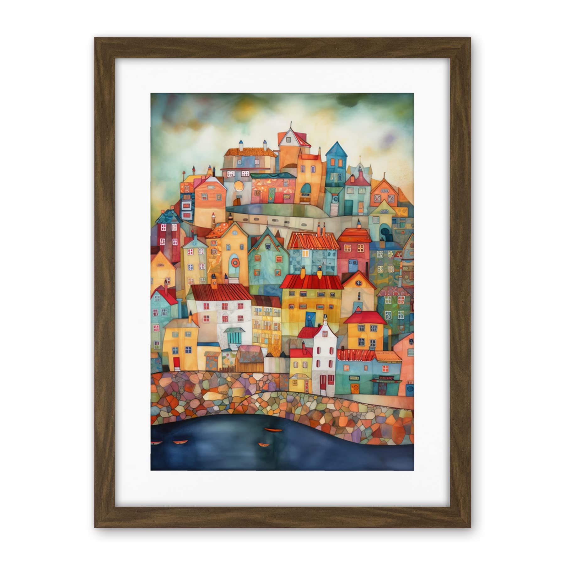 Artery8 Home By The Sea Folk Art Artwork Framed Wall Art Print 18X24 Inch
