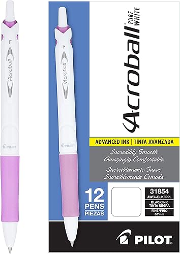 PILOT Acroball PureWhite - Bolígrafos recargables y retráctiles de tinta avanzada con detalles de color morado punta fina tinta negra paquete de12