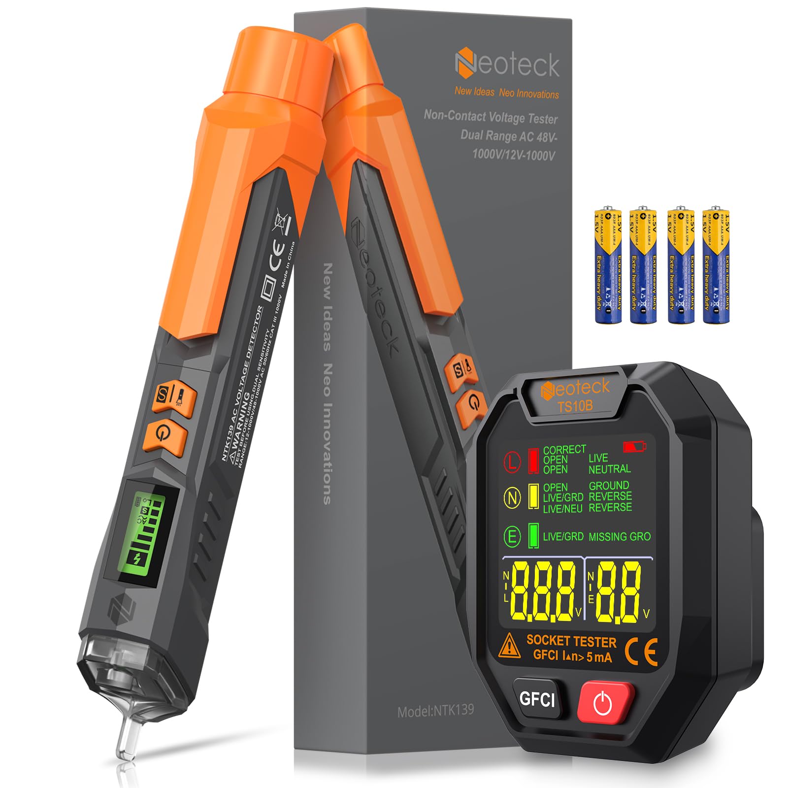 Neoteck Kit de Probador Eléctrico con Detector de Voltaje sin Contacto 12-1000V/48-1000V AC y Comprobador de Enchufe GFCI para Hogar y Electricistas