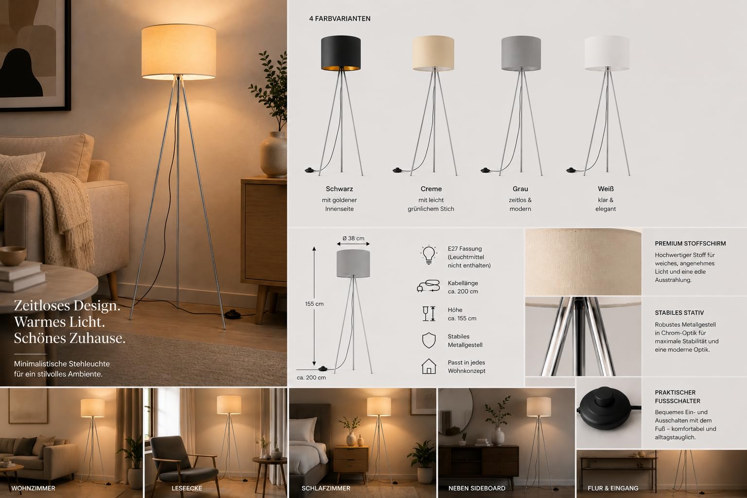 Braytron Stehleuchte – 3-Bein Standleuchte mit Satiniertem, Lichtstreuendem Kunststoffschirm & Chrombeinen, E27 Fassung, Ein/Aus-Schalter am Kabel, 155 cm Hoch für Wohnzimmer & Schlafzimmer, Beige