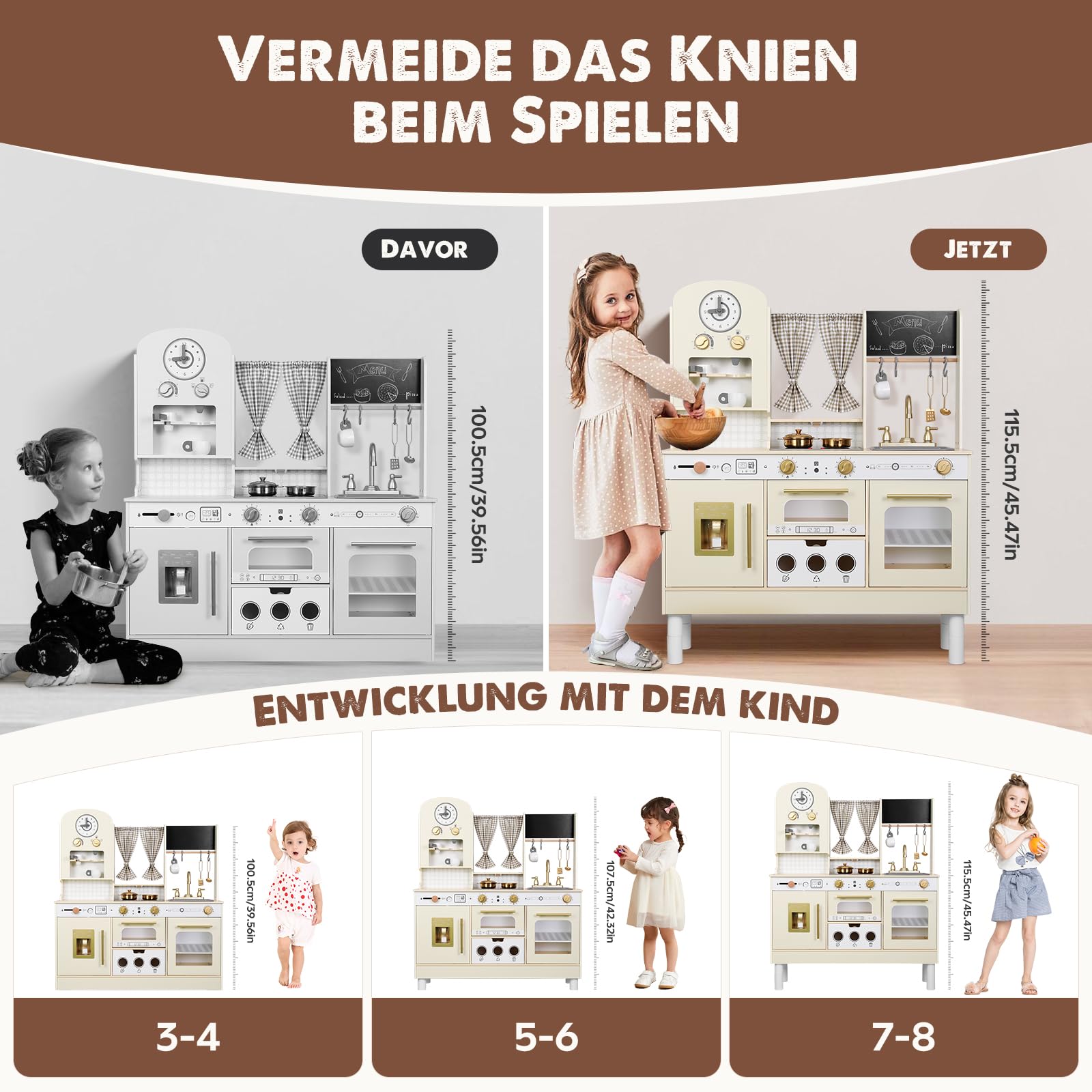 EDUBEBO Ensemble de Jeu de Cuisine pour Enfants, Hauteur réglable, livré avec Divers Accessoires de Cuisine, Jouet de rôle idéal pour Les Tout-Petits et Les Enfants âgés de 3 à 8 Ans (Blanc)