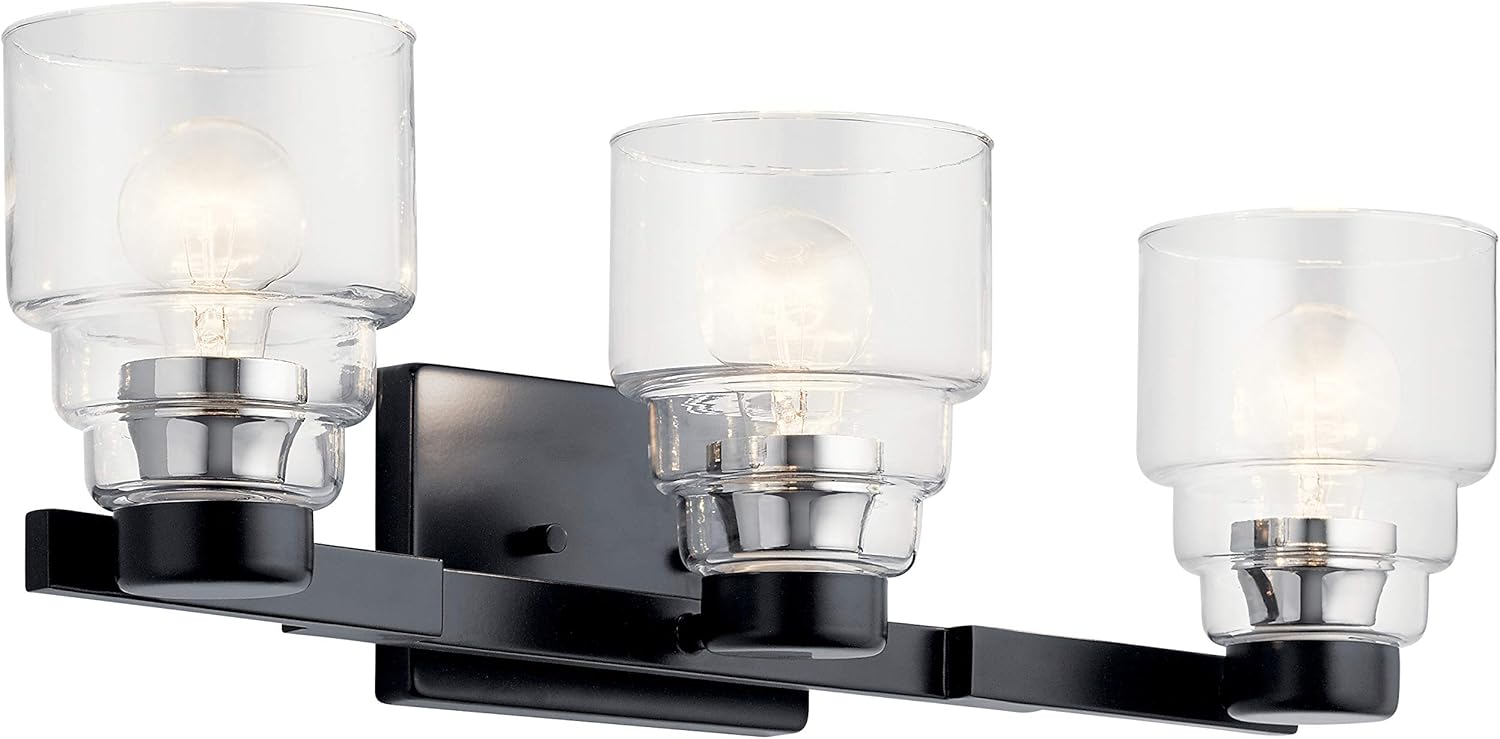 Featured Product Kichler Vionnet 24 3 Light Vanity Light with Clear Glass in Black Get Discount 70% Price Kichler Vionnet 24 3 Light Vanity Light with Clear Glass in Black