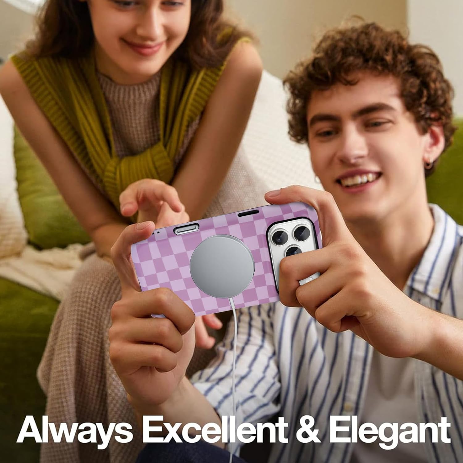 SAKUULO Magnetic for iPhone 17 Pro Max Case (6.9 inchs) Cream Purple Checkmate Print Pattern [Compatible with MagSafe] Wireless Charge Strengthen Protection Cover, Cream Purple Checkmate (6.9")