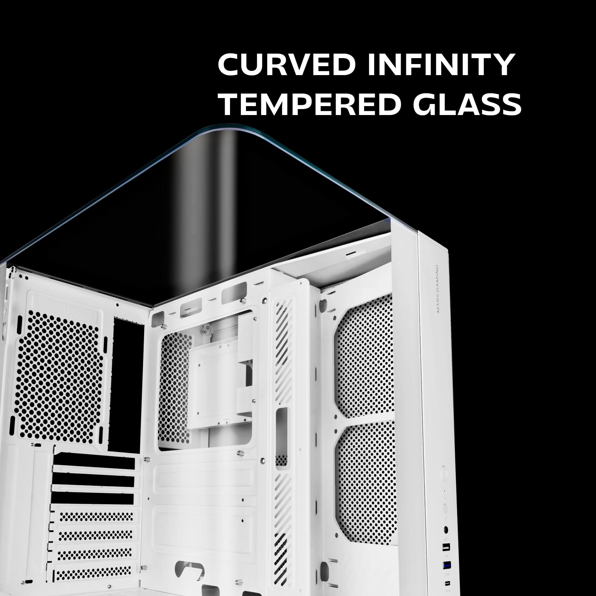 Mars Gaming MC-INFINIOLITE, Case Gaming ATX, Vetro Temperato Curvo Continuo Senza Cornice, Pannello Superiore in Vetro, Struttura a Doppia Camera, Supporto Raffreddamento Liquido fino a 240mm, Bianco
