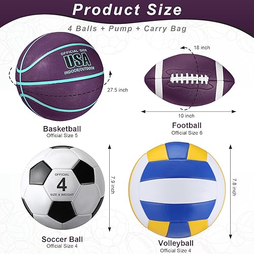 Miniatura 2 de HyDren Juego de 4 pelotas deportivas de tamaño oficial para baloncesto, balón de fútbol, voleibol, con bolsa de transporte y inflador, regalo para