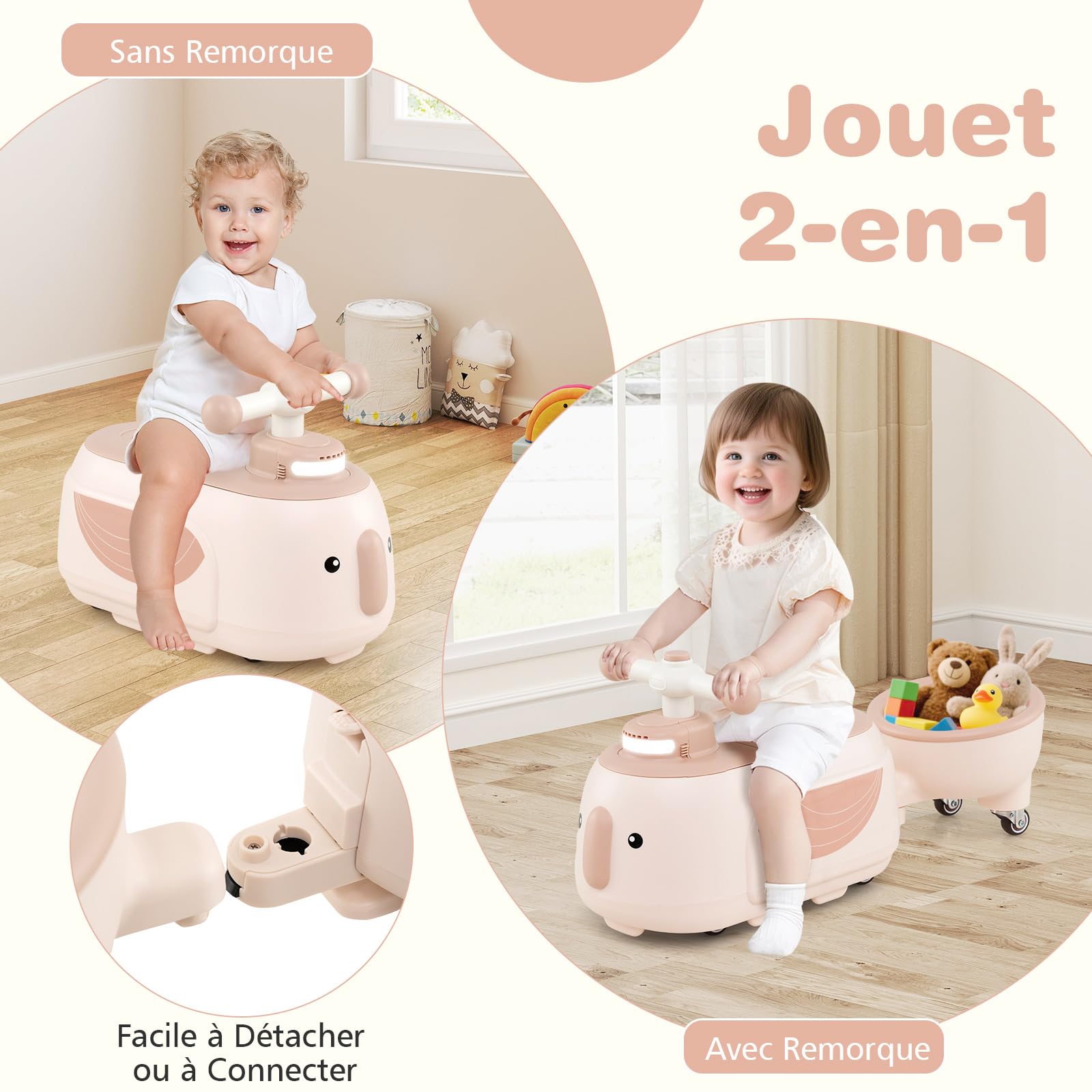 COSTWAY Porteur Enfant avec Remorque Amovible & Lumière & 5 Chansons, Voiture à Pousser Bébé avec Forme Pingouin & 6 Roues, Espace Caché & Poignées Arrondies, Charge 25kg pour 12 Mois+ (Rose)