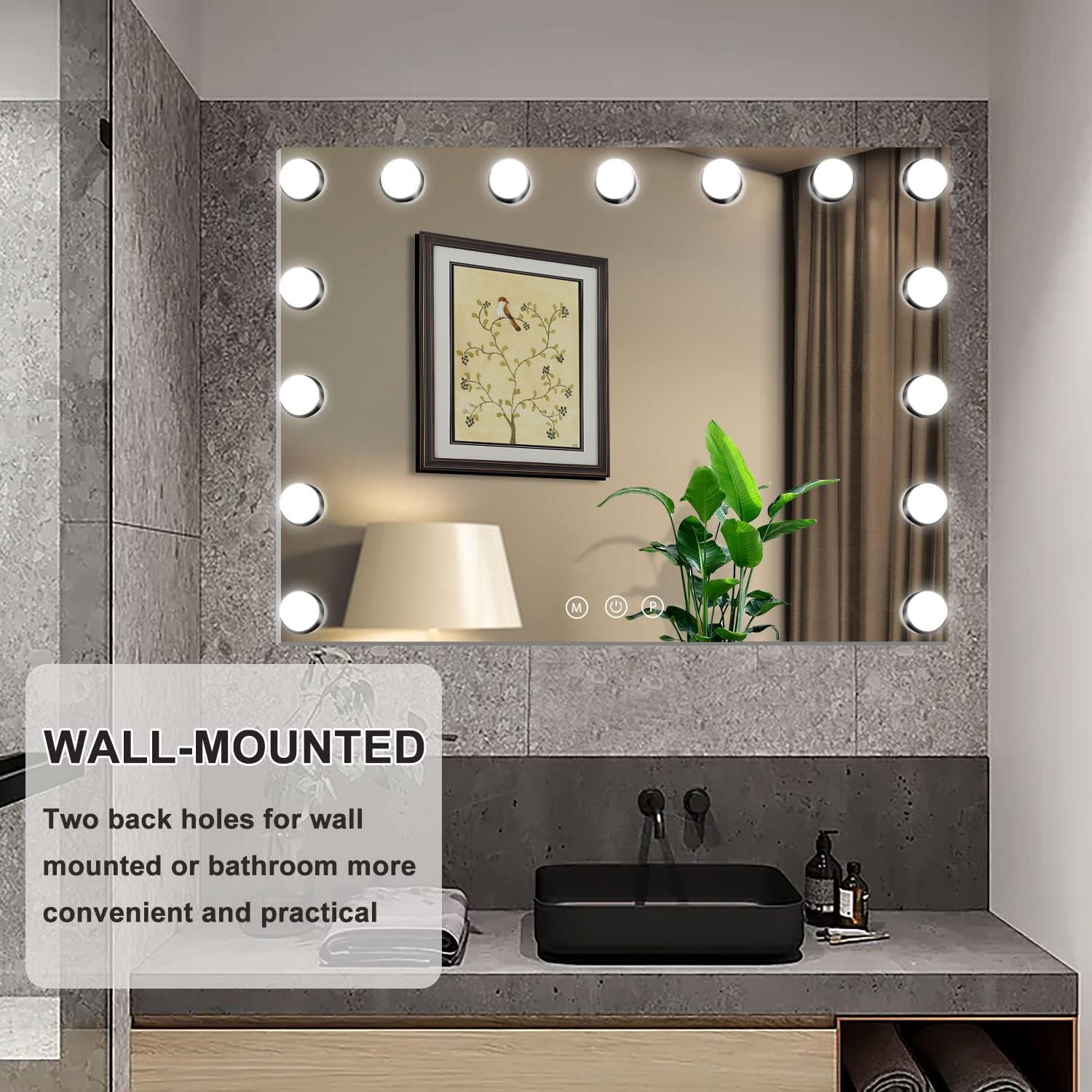 YU YUSING Miroir Maquillage Hollywood Lumineux, Miroir Coiffeuse LED 15 Lumières Dimmables 58X45cm, Contrôle Tactile 2 Couleurs Montage Mural Blanc