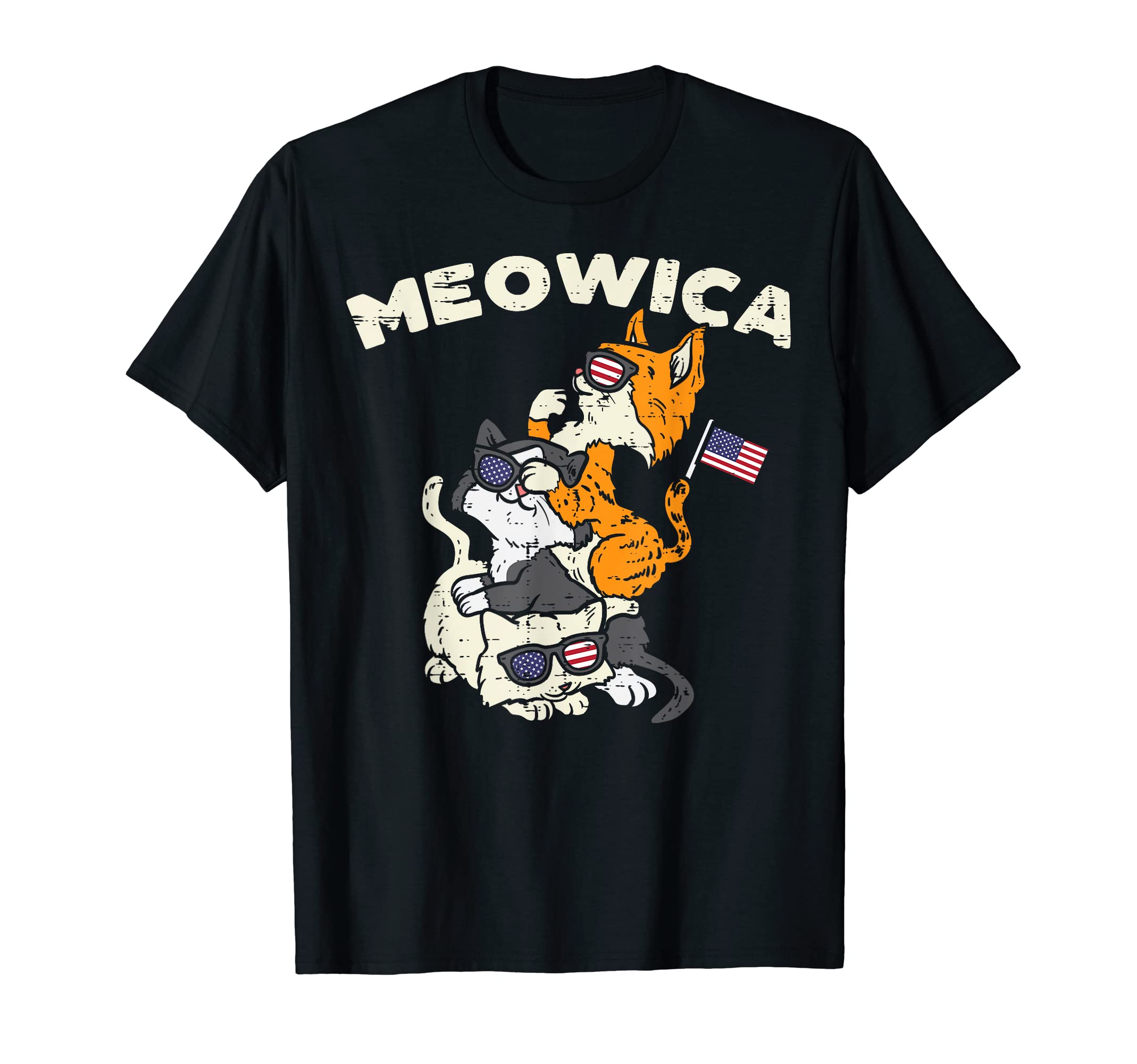 Meowica Kitten Cats American Flag USA Pet 4th Of July Fourth T-Shirt, Black
