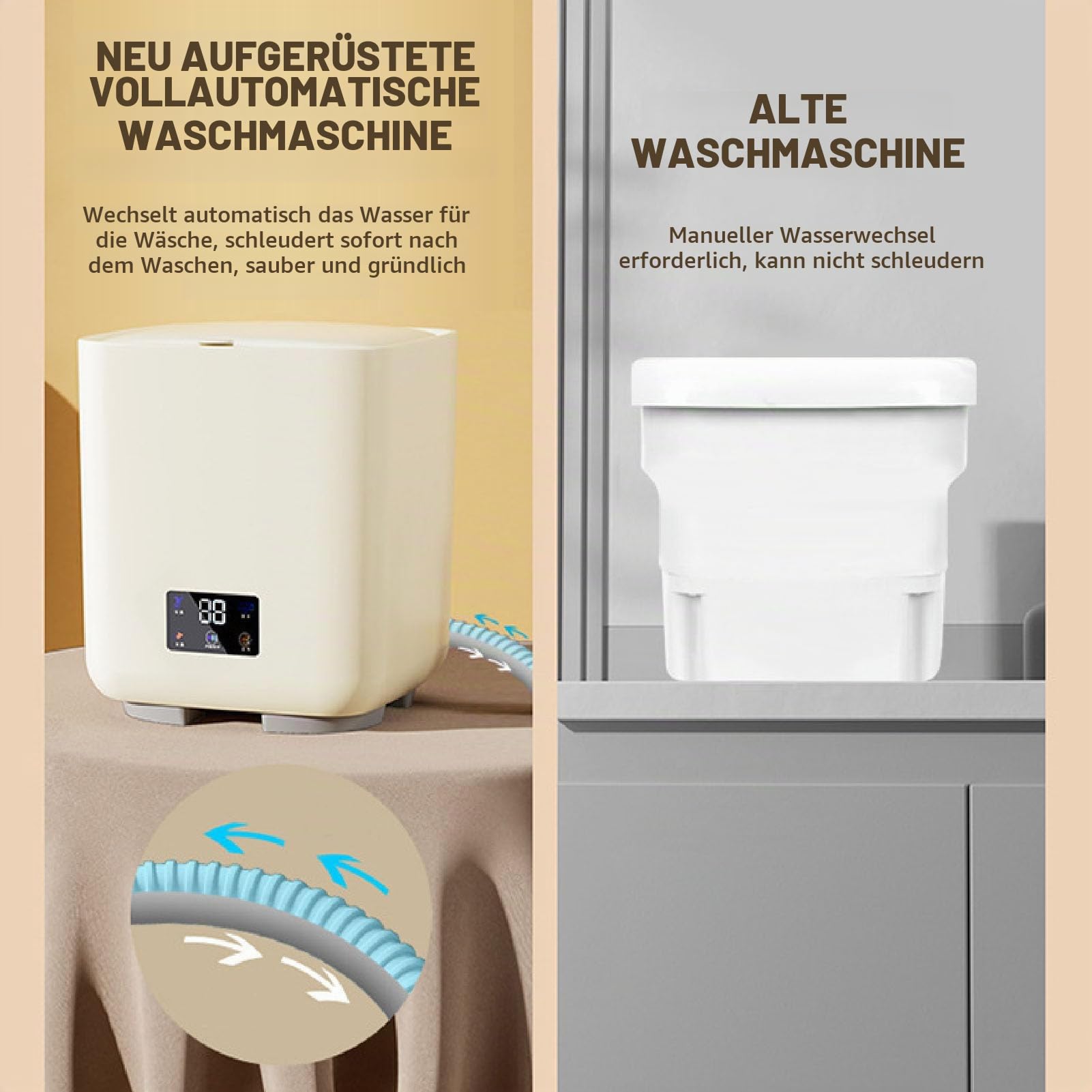 Tragbare Mini-Waschmaschine, 7L Große Kapazität Vollautomatisch Mit Wäscheschleuder, LCD-Touchscreen für Kleine Unterwäsche (Beige)