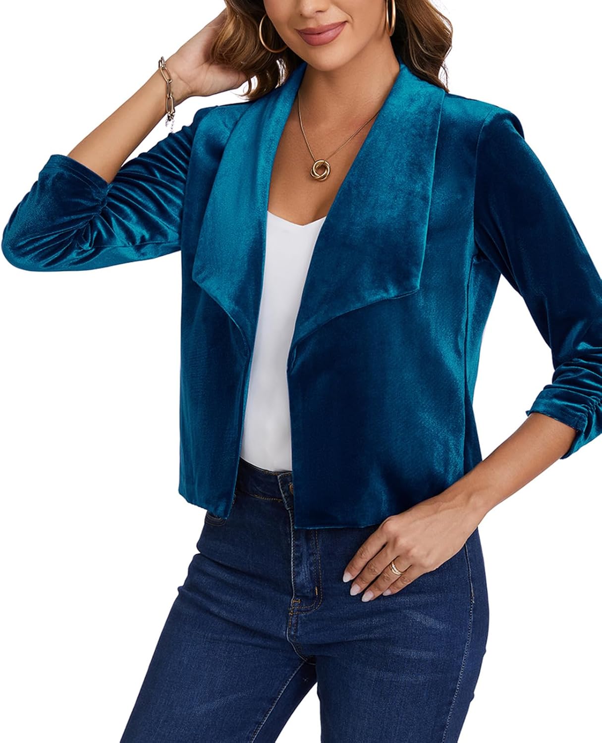 MINTLIMIT Women's Casual Velvet Blazer Jackets 3/4 Ruched Sleeve Shawl Collar Draped Open Front Fall Velvet Blazers - Image 2