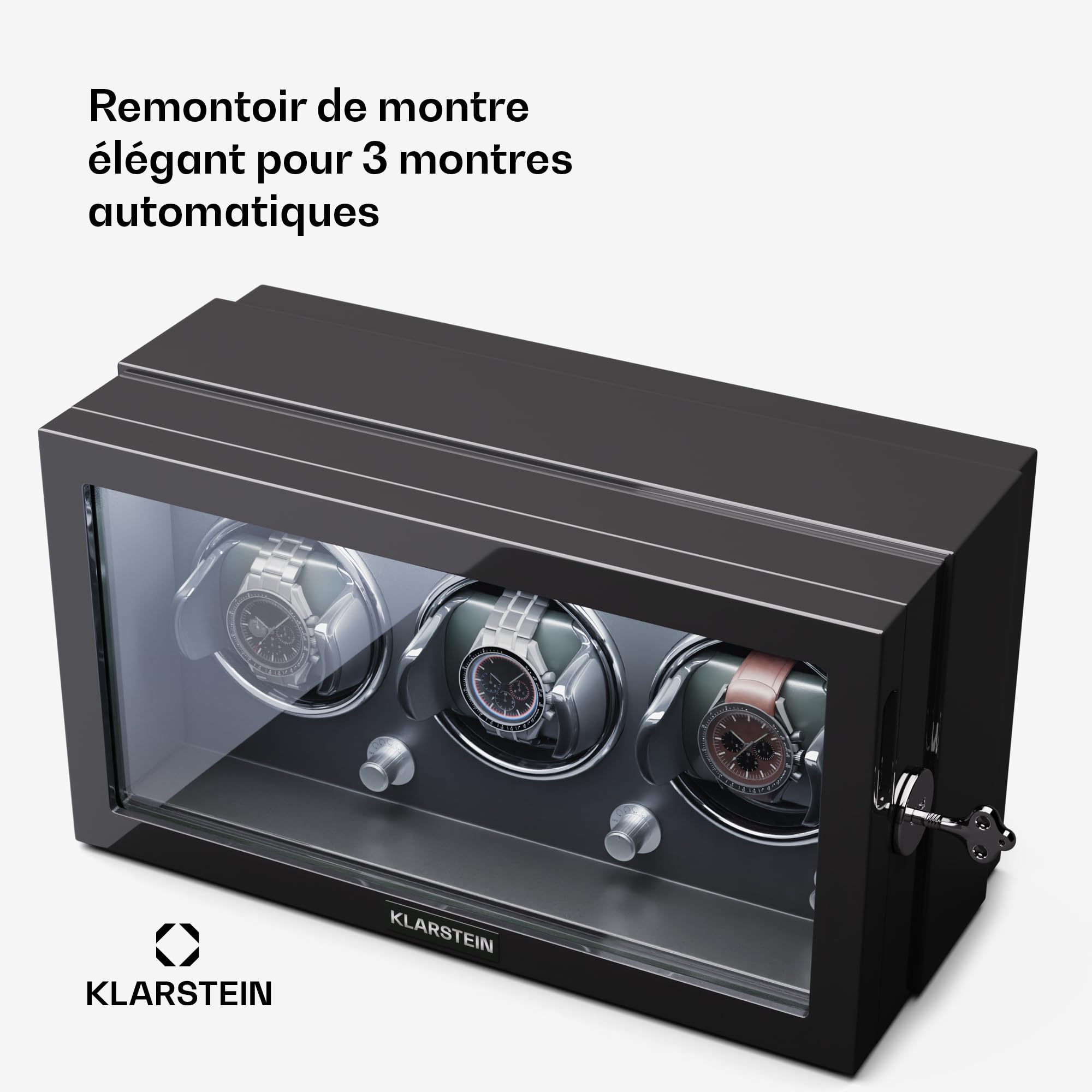 KLARSTEIN Remontoir pour Montres automatiques, Remontoir de Montre Automatique pour 3 Montres, Remontoir de Montre Automatique avec Porte en Acrylique, LED Bleues, avec 5 réglages TPJ