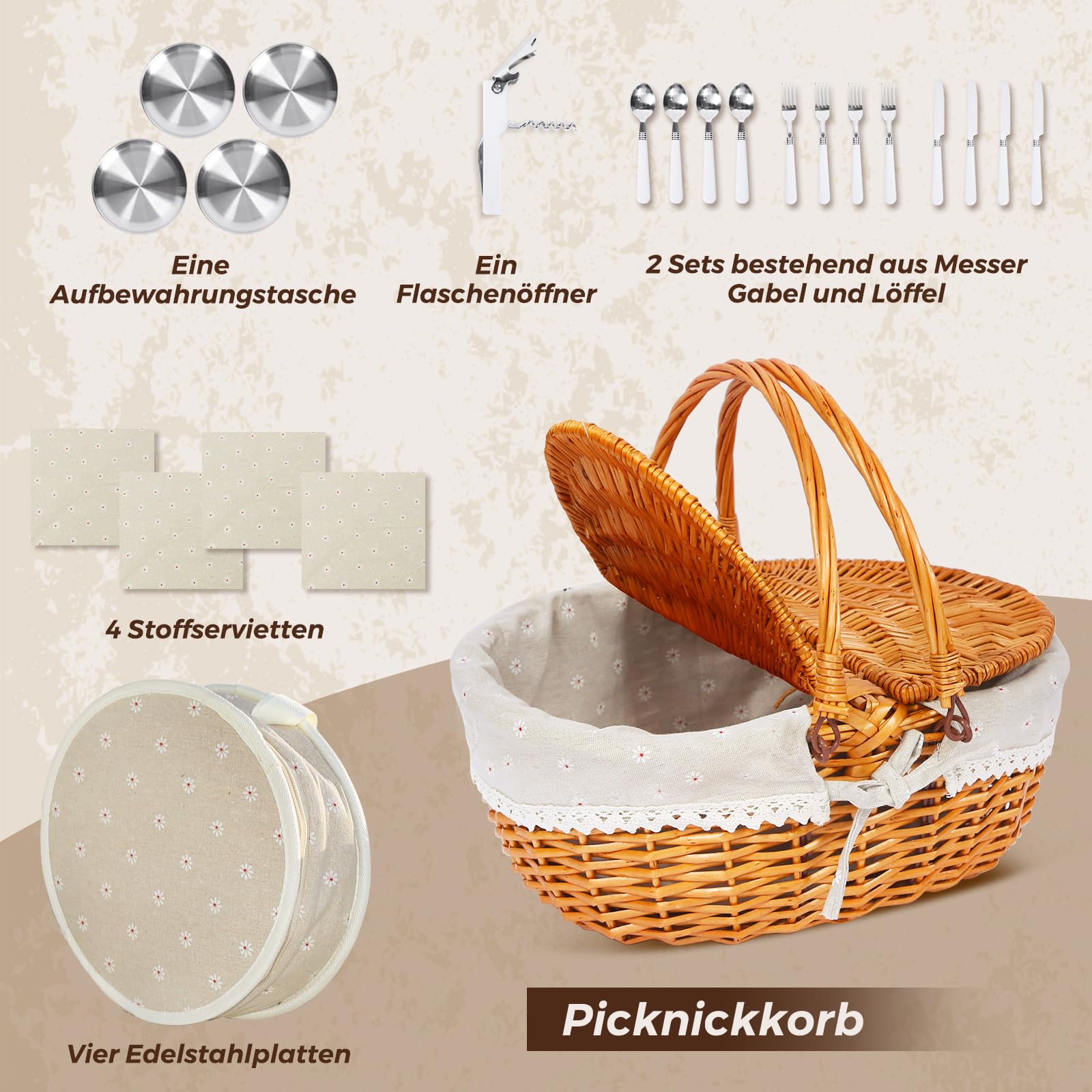 Juego de cesta de picnic de mimbre para 4 personas con tapa y asa, cesta de picnic con forro lavable y juego de cubiertos para exteriores, camping, Halloween, Navidad y cumpleaños
