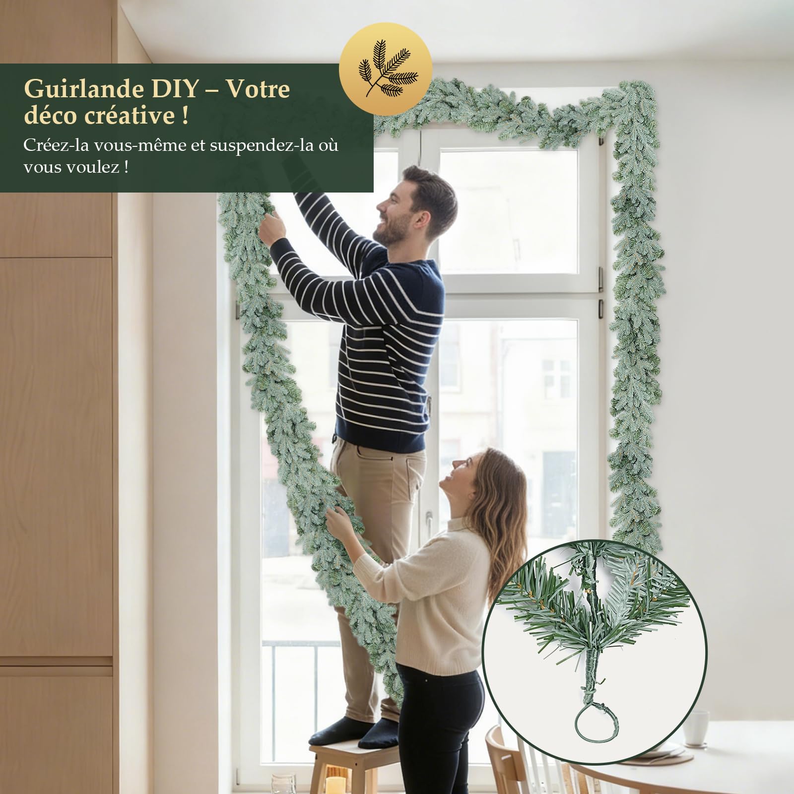 Guirlande de Noël Artificielle SALCAR - 5 m - Gris-Vert Chic - Parfaite pour Décorer Votre Sapin, Porte, Fenêtre et Balcon pour Un Noël Enchanté