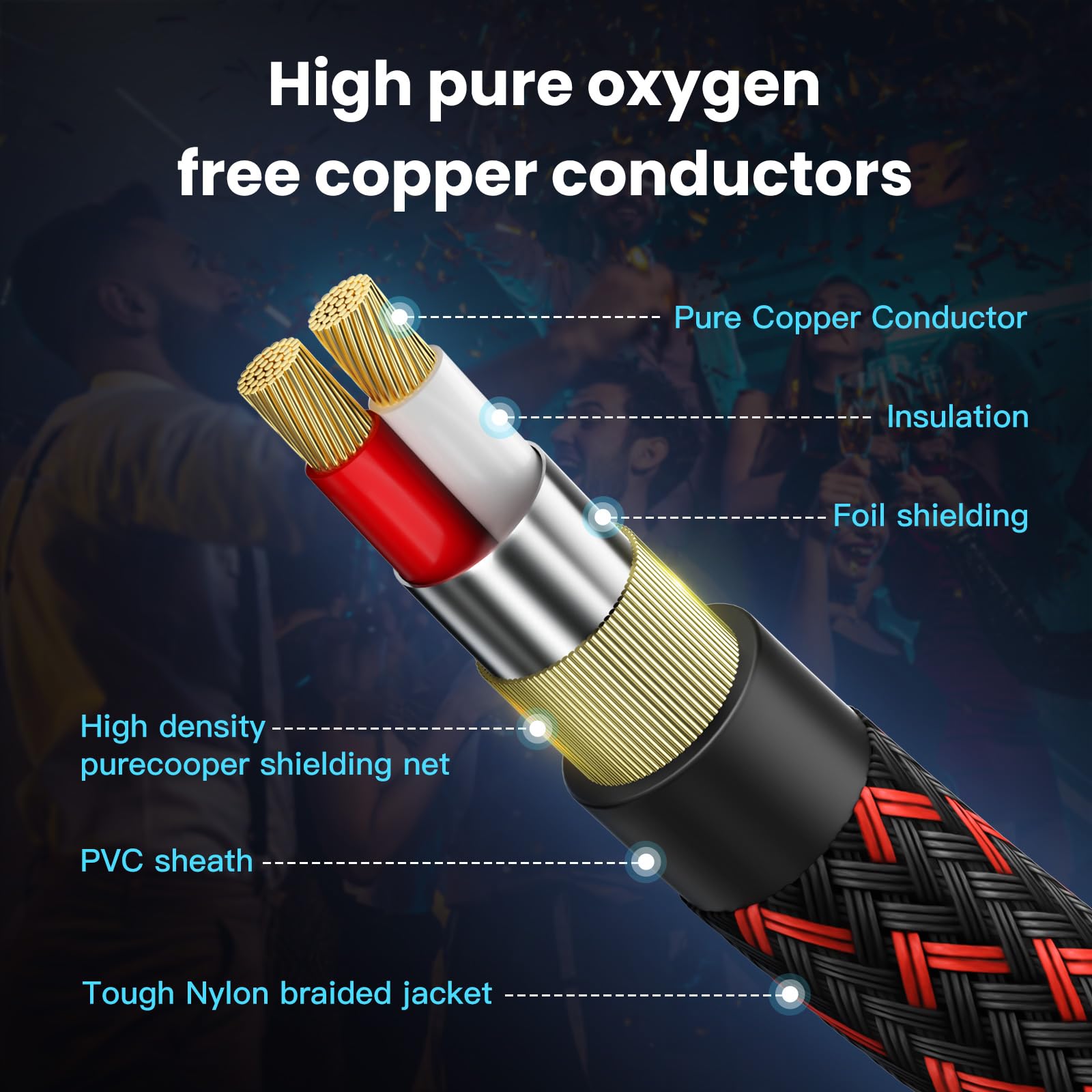 KIRFEIHT Cable de audio RCA a 3.5 mm, cable AUX OFC de 30 pies RCA con conectores trenzados de nailon chapado en oro de 1/8 para smartphones, tabletas, altavoces, HDTV, amplificadores, rojo y negro