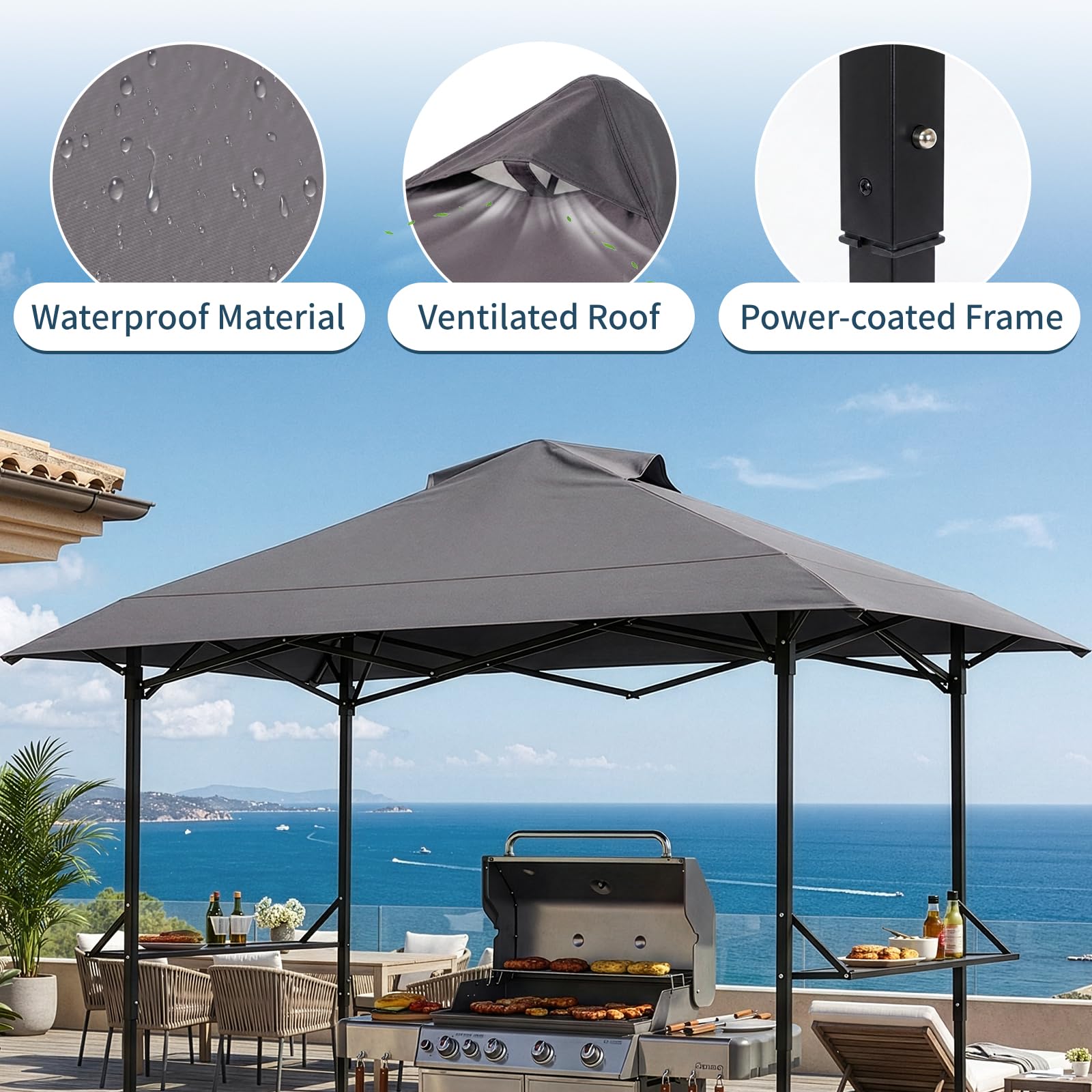 LEADZM Cenador plegable para barbacoa, 255 x 150 x 240 cm, marco de metal resistente, con ventilación, resistente a la intemperie, impermeable, protección solar, resistente al viento, para jardín