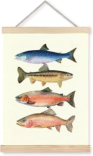bitCNY Vintage Trout Fish Canvas Wall Art Poster Framed, Coastal Nautical Beach Fishing Art Wall Prints for Lake Beach House Home Bathroom Living Room Decor, 12x16 Inch