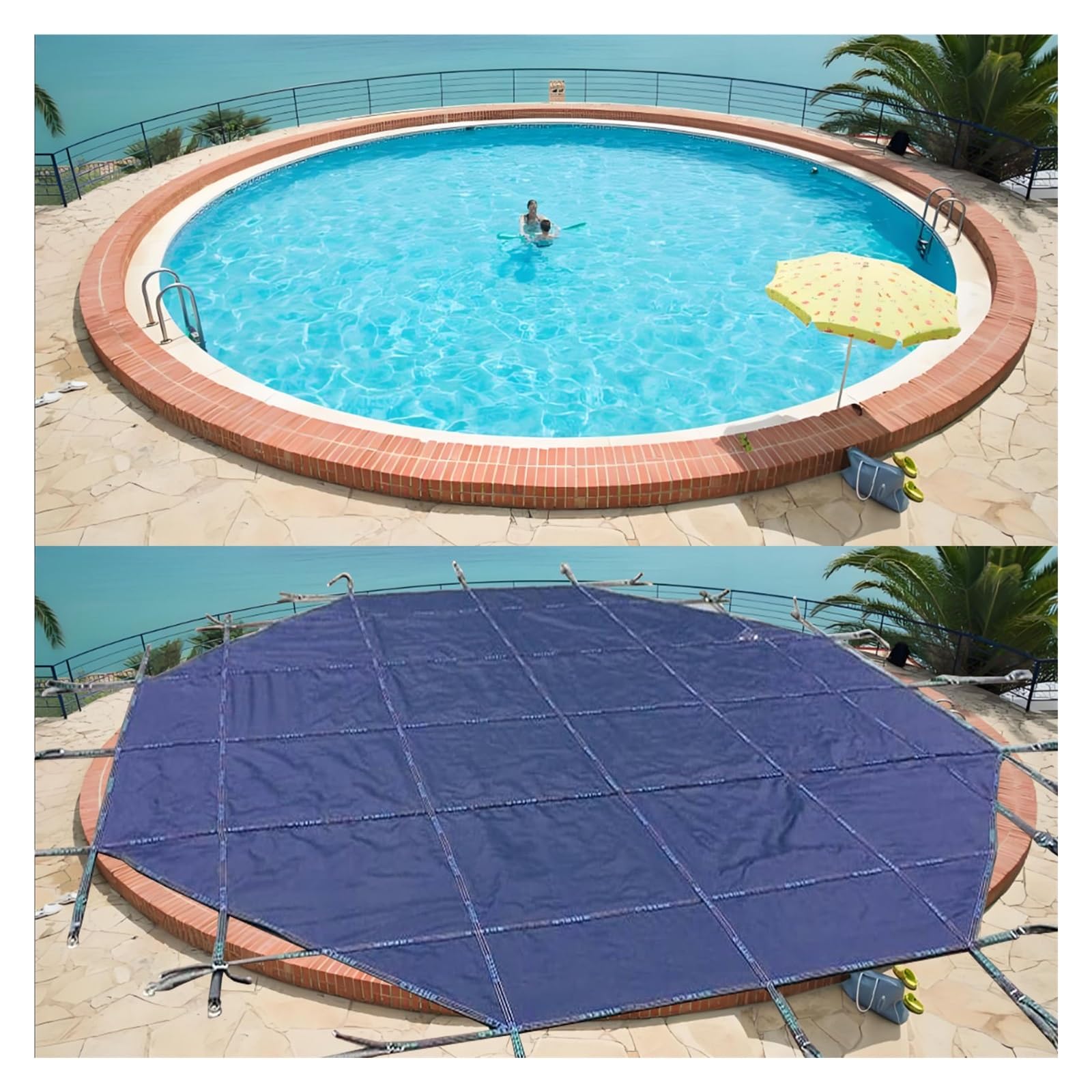 Bâche de sécurité pour piscine creusée avec ancres, ressorts et kit d'outils pour la protection hivernale