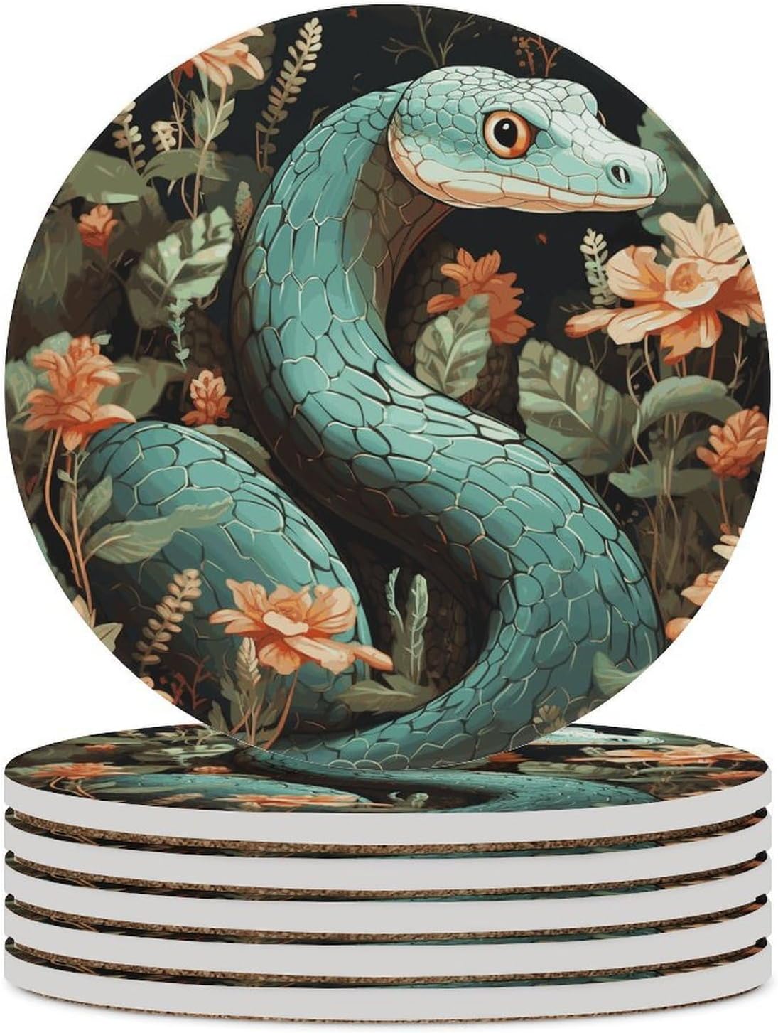 Snake and Flower Coasters for Drinks Absorbing Round Ceramic Stone Coaster with Cork Base Coffee Cup Beverage Table Cup Mat Modern Style Bar Coaster Set for Home Decor
