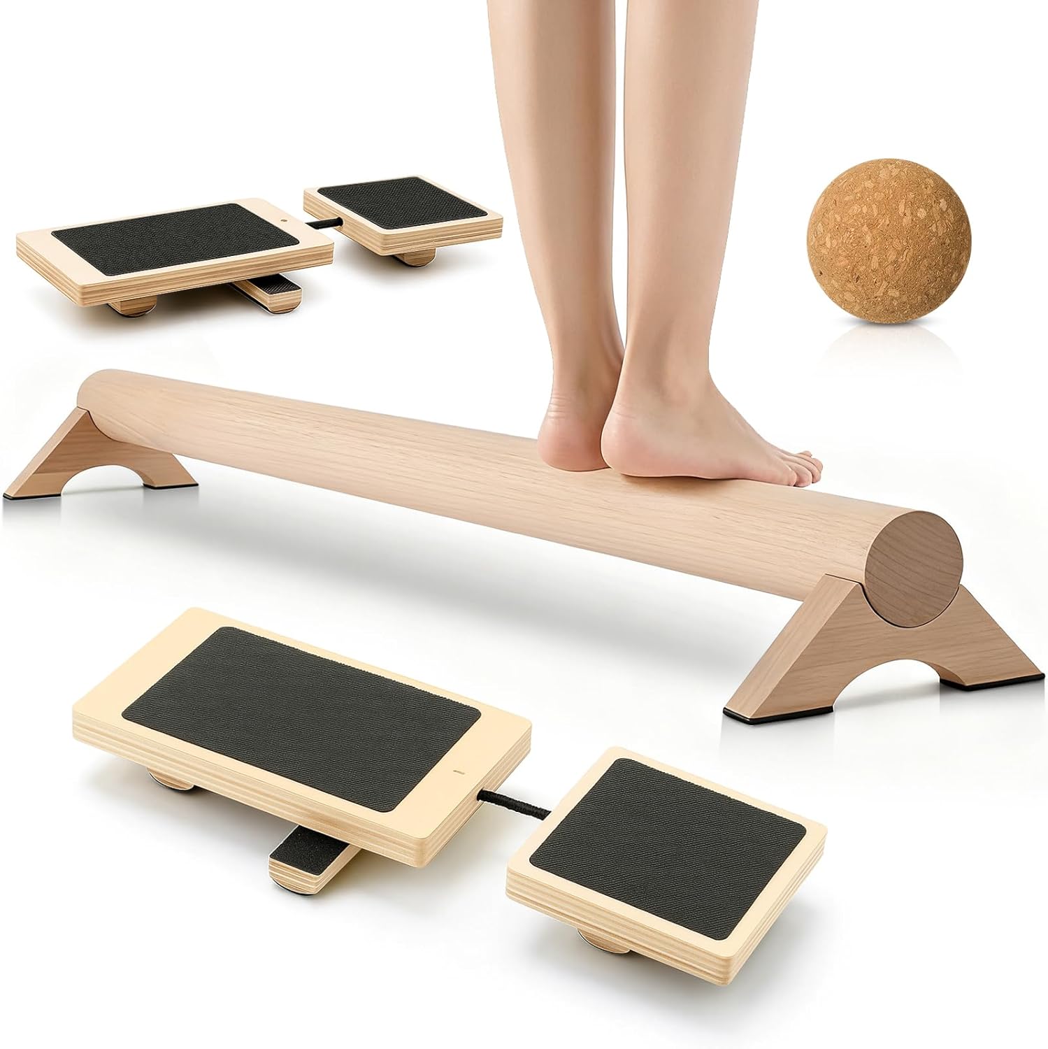 Balance Trainer Kit, 40 Inch Beech Wood Balance Beam with Adjustable Foot Trainers and Cork Massage Ball for Ankle Strengthening and Plantar Fasciitis Relief