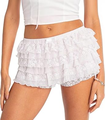 Women Y2K Ruffle Bloomer Cute Lace Multi-Layered Lolita BoyShort Sexy Mini Shorts Elastic Waist Micro Pettipants