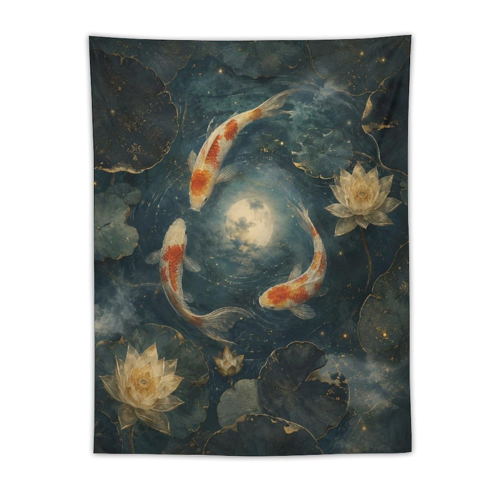 H3B8U2Y5 Koi Fish Moon Wall Tapestry, Watercolor, Tranquil Pond