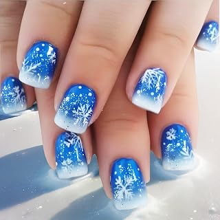 Christmas Snowflake Press on Nails Blue Gradient Fake Nails 24Pcs Glossy Silver Glitter Snowing Acrylic False Nails Short Square Xmas Snowflake Gel Glue on Nails Ombre Stick on Nail for New Year Gift