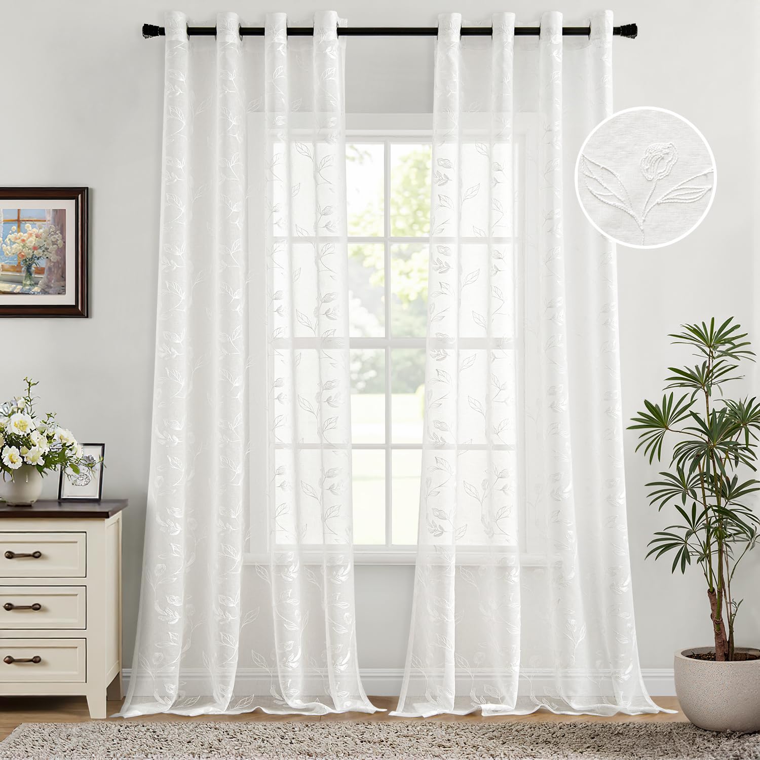 Woaboy Cortina Dormitorio Blanco Estampadas Flores Hojas Visillo Ventana Decorativo Tansparente Moderno para Salón Habitación 2 Piezas 140x245cm