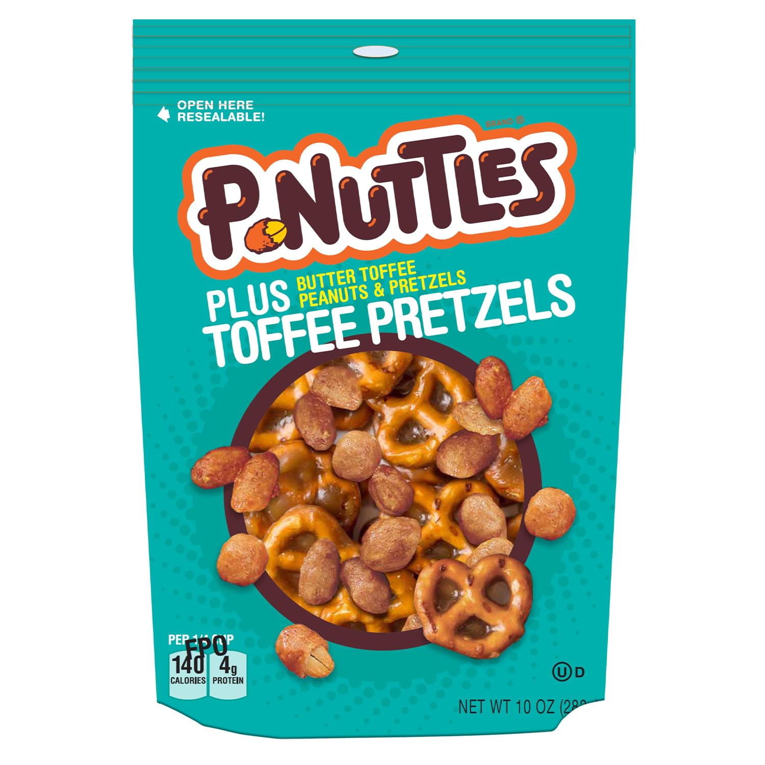 P-Nuttles Plus Toffee Pretzels, 10 Ounce Resealable Bag (Pack of 1) - Butter Toffee Peanuts and Pretzels - Perfect Gourmet Snack Mix for Parties & Gatherings - Kosher Certified Sweet and Salty Snacks