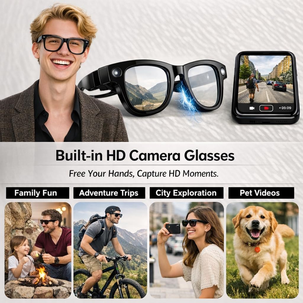 QDOJC - Occhiali intelligenti con custodia di ricarica, fotocamera HD da 8 MP, vetro fotocromatico con traduzione AI, controllo touch, registrazione assistente vocale e video, per uomini e donne