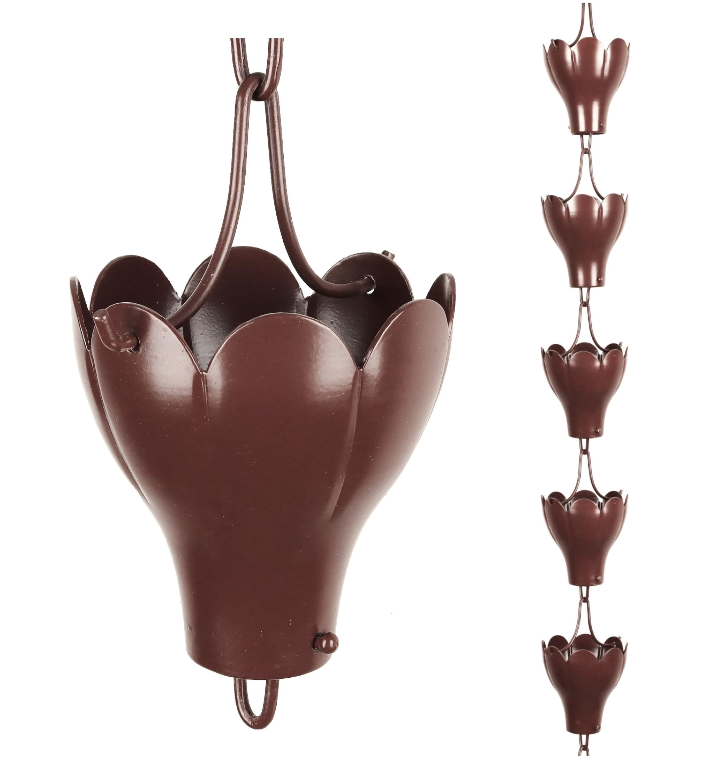 Rain Chains, Roof Gutter Downspout Channel, Rainwater Catcher/Diverter, 8.5 FT, Metal, Bronze Powder Coated, Classic Charm Scalloped Cup, 3148BR Extra Large