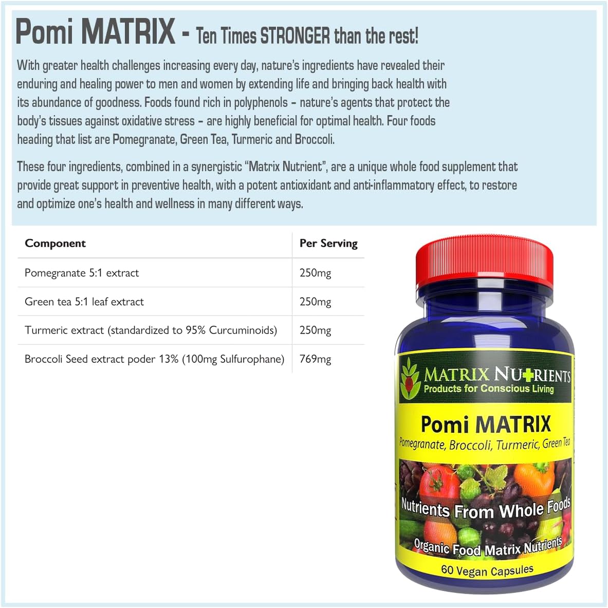 POMI Matrix - 10 Times Stronger Than the Competition! - Lower PSA Levels for Healthy Prostate - 100% Organic - Ingredients: Pomegranate, Green Tea, Turmeric, Broccoli - Vegan Capsules (60ct)