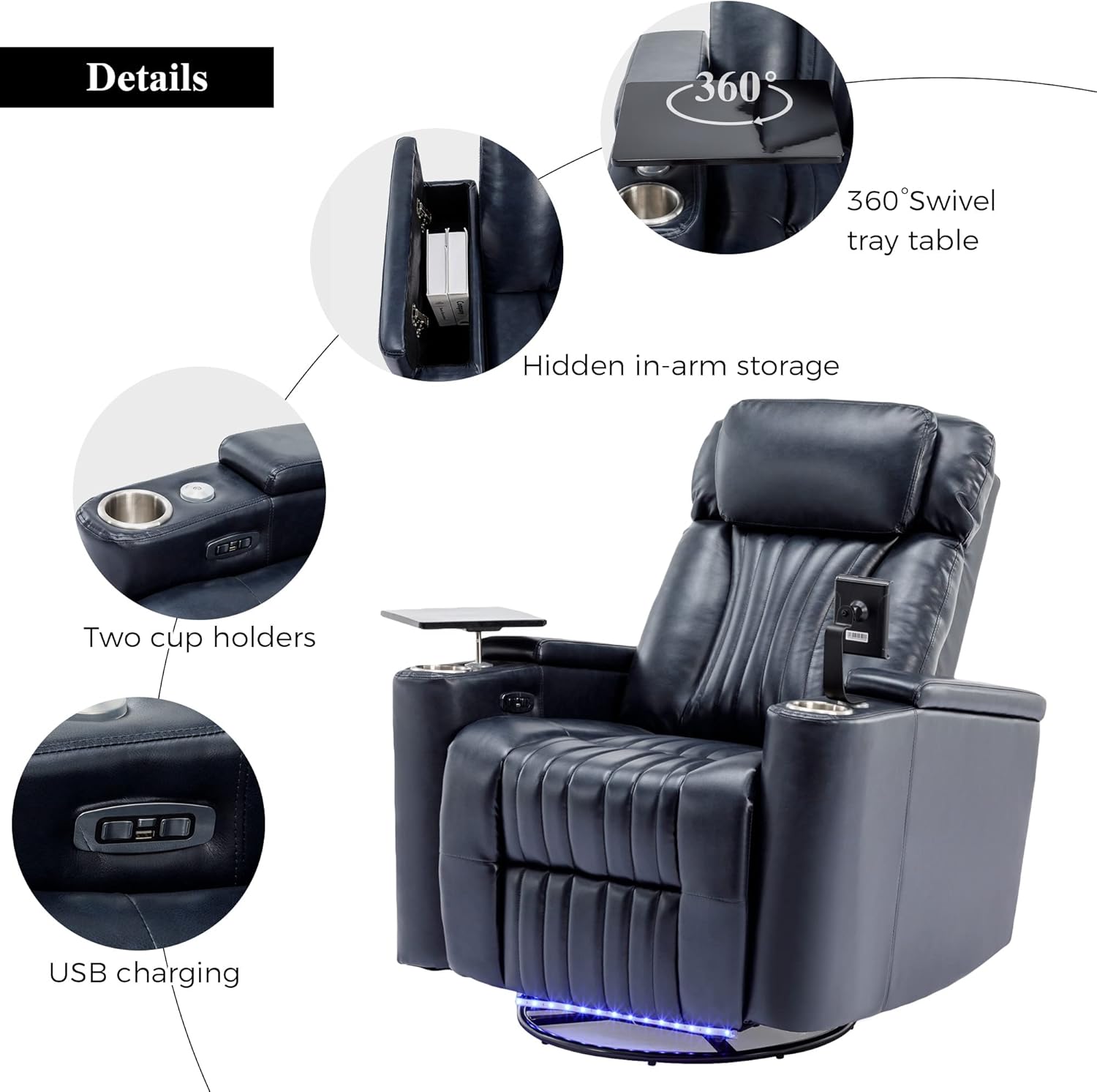 Close-up of Merax recliner armrest showing hidden storage, cup holders, USB charging, and swivel tray table