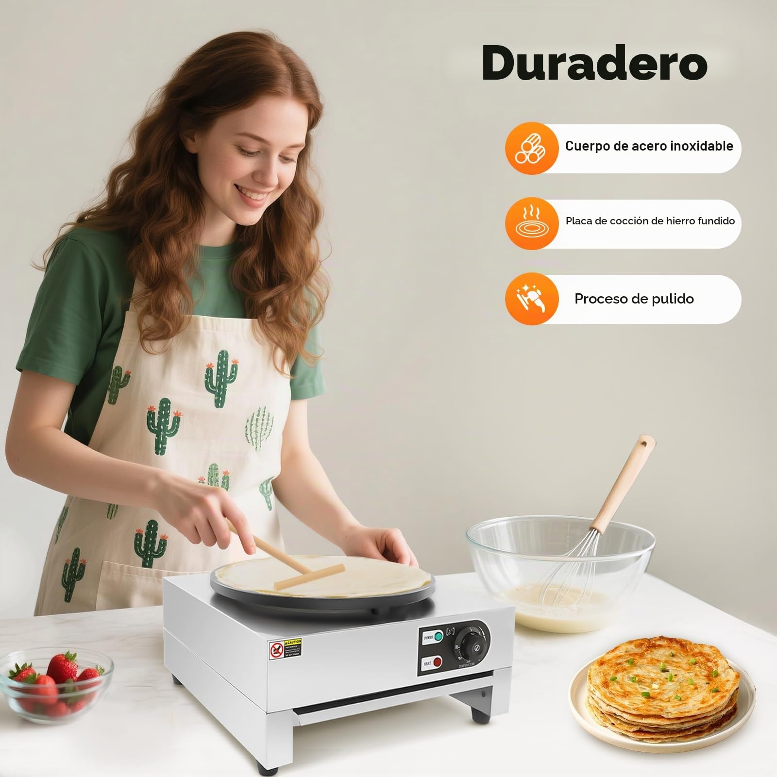 Máquina eléctrica para crepes, 3000 W, profesional, antiadherente, con esparcidor de madera, sartén eléctrica para crepes para cocinas, restaurantes, cantinas, temperatura 50-300 ℃
