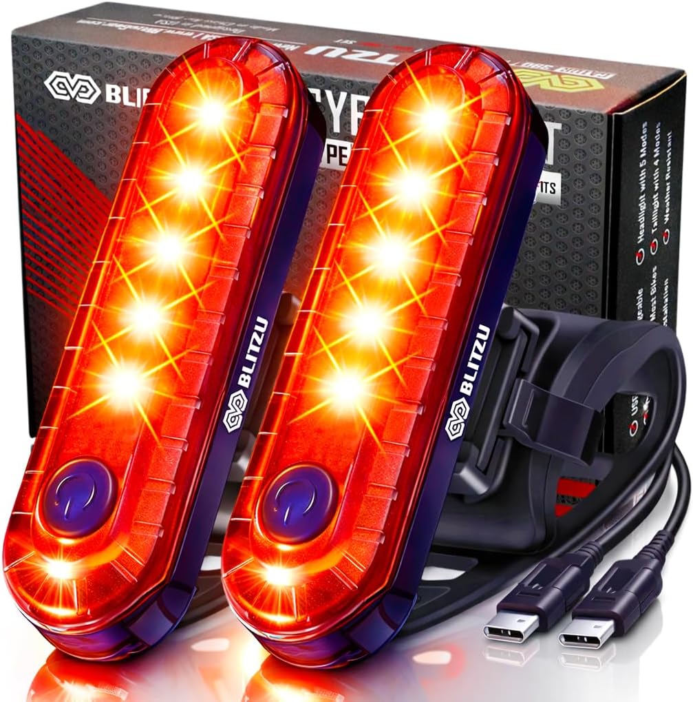 BLITZU Cyborg 120T USB-C Rechargeable Bike Tail Light 2-Pack: Ultra-Bright 4-Mode Rear LED for Night Riding, Road MTB Commuter Safety