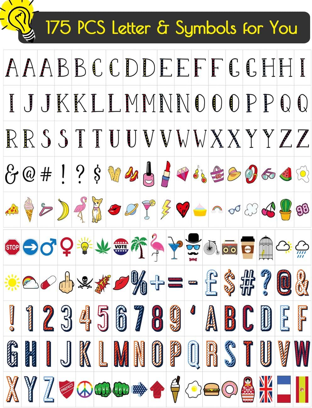 Extra Letters for A4 Light Box - 175 Original LED Lighted Sign Tiles with Colorful Symbols Emojis, DIY Changeable Decorative Marquee for Teen Girls Kids SNS Share Birthday Home Bedroom Décor Gift