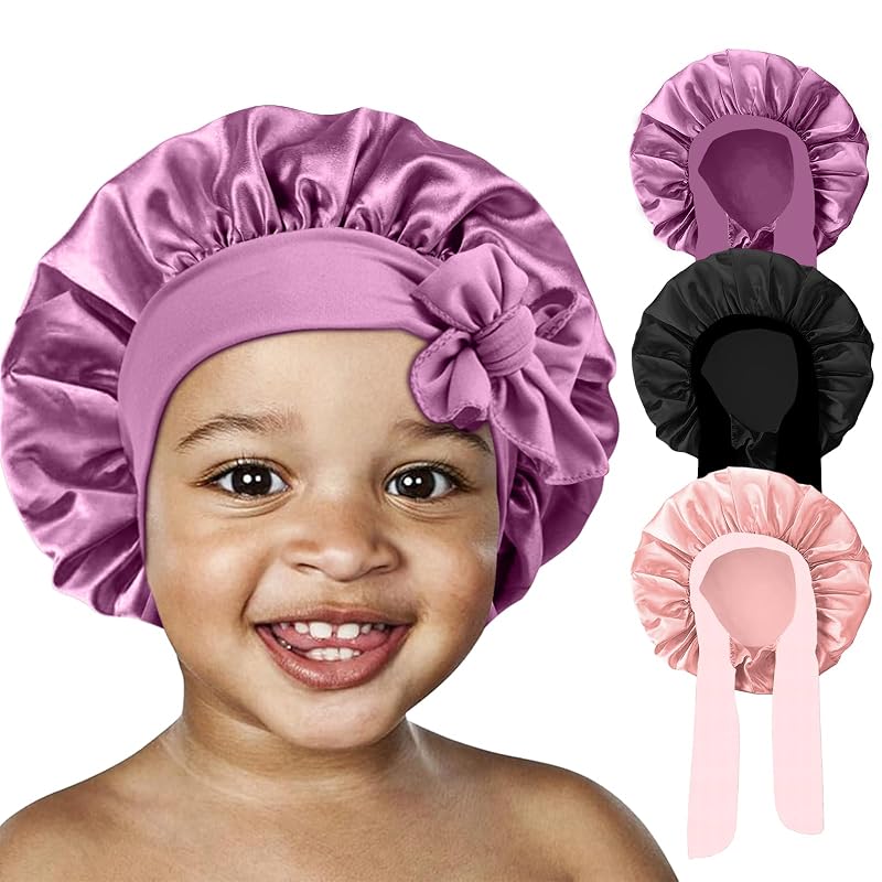 Toucas de cetim infantis FIRSTPELLA para dormir, pacote com 3, Lavender Purple, Black e Blush Pink