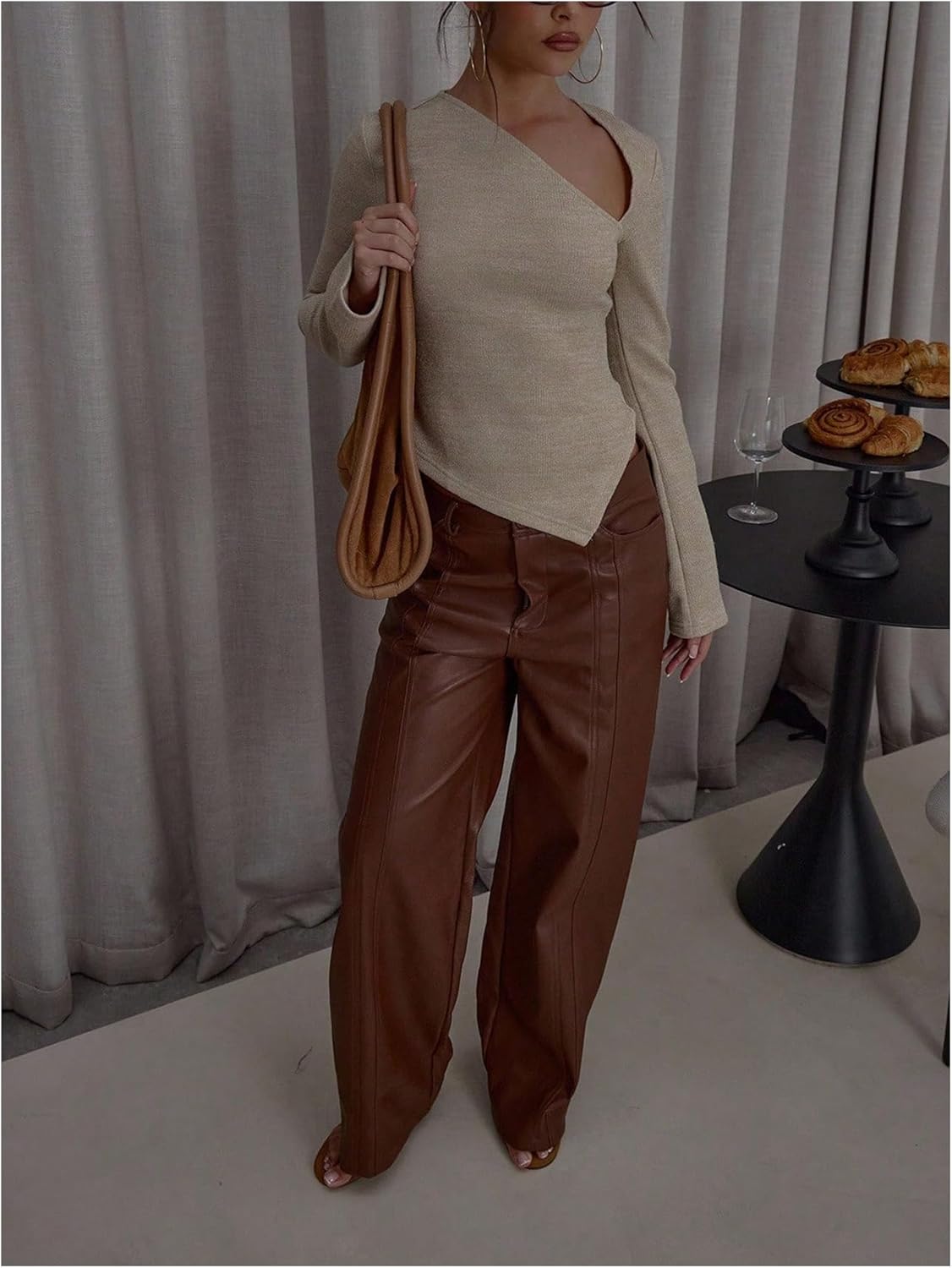 Women's Cut Out Knit Tops Asymmetrical Hem Slim Fit Top Elegant Tops Fall Outfits - Image 5