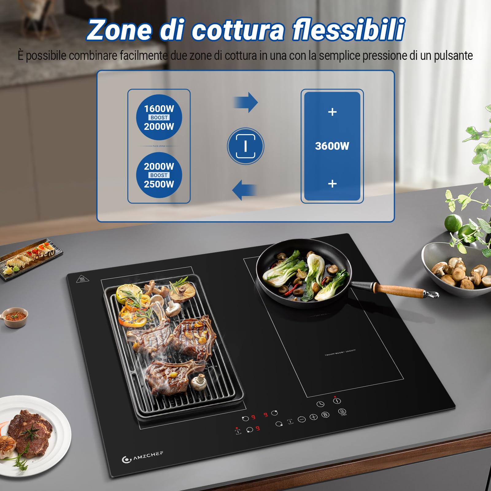 AMZCHEF Piano cottura a induzione 60 cm con due zone flessibili, piastra a induzione a 4 zone con funzione boost e 9 livelli di potenza, funzionamento touch, timer, blocco di sicurezza, 7200W