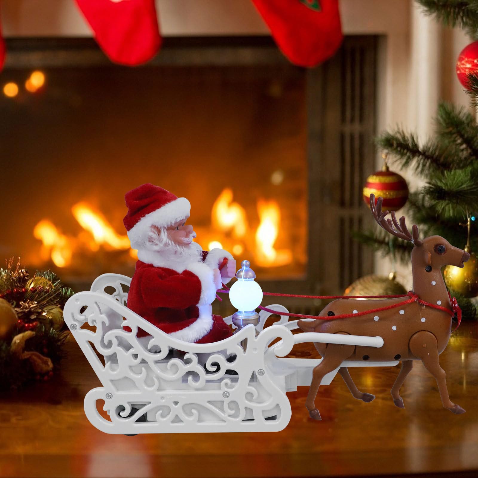 Sewroro Figura Eléctrica de Papá Noel Reno y Trineo, Adorno Navideño Rojo