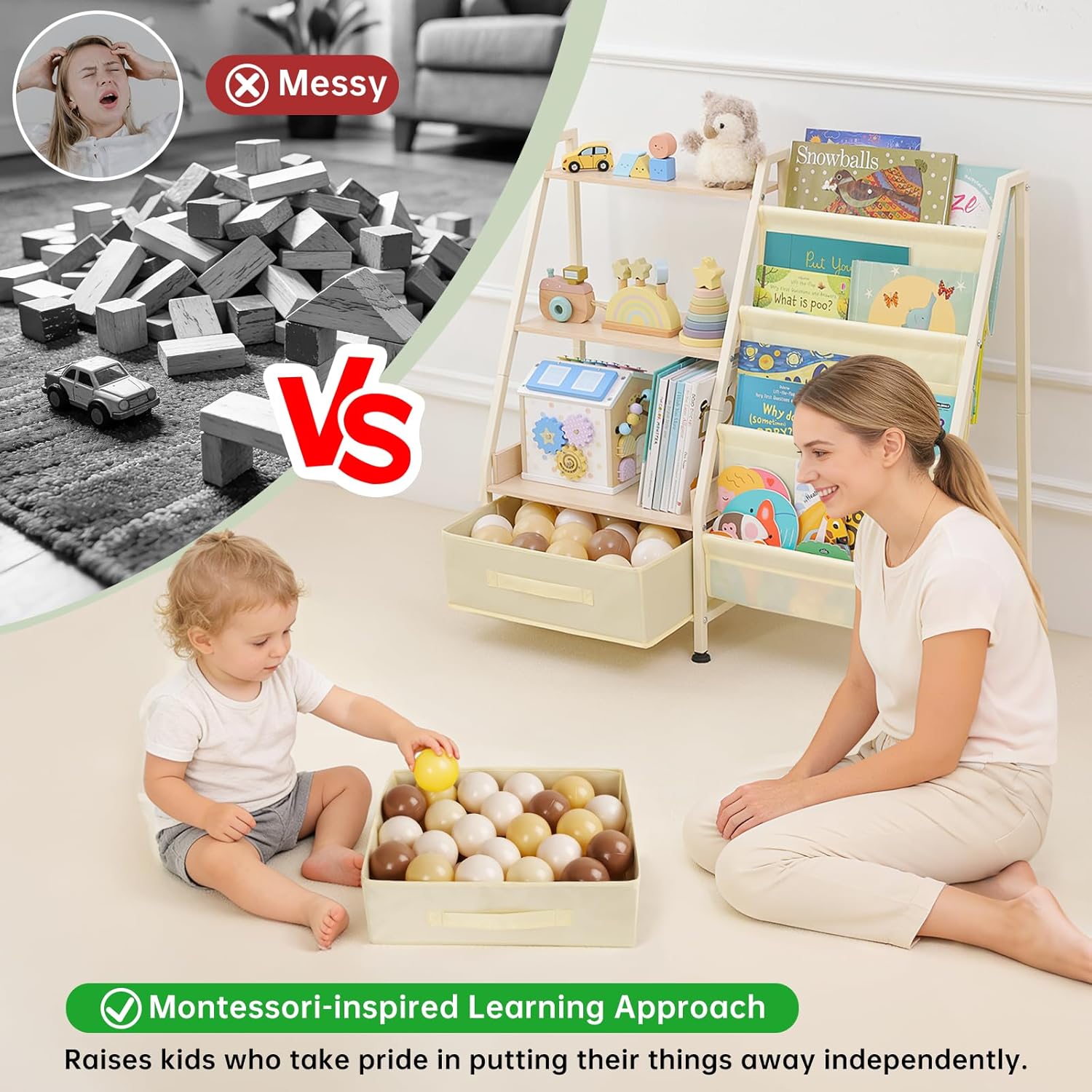 Fabuday Kids Bookshelf and Toy Storage Organizer - 4 Tiers Toddler Baby Sling Book Shelves for Kids Room, 3 Tier Montessori Childrens Bookcase for Nursery, Playroom, Classroom, Small Spaces - Image 7