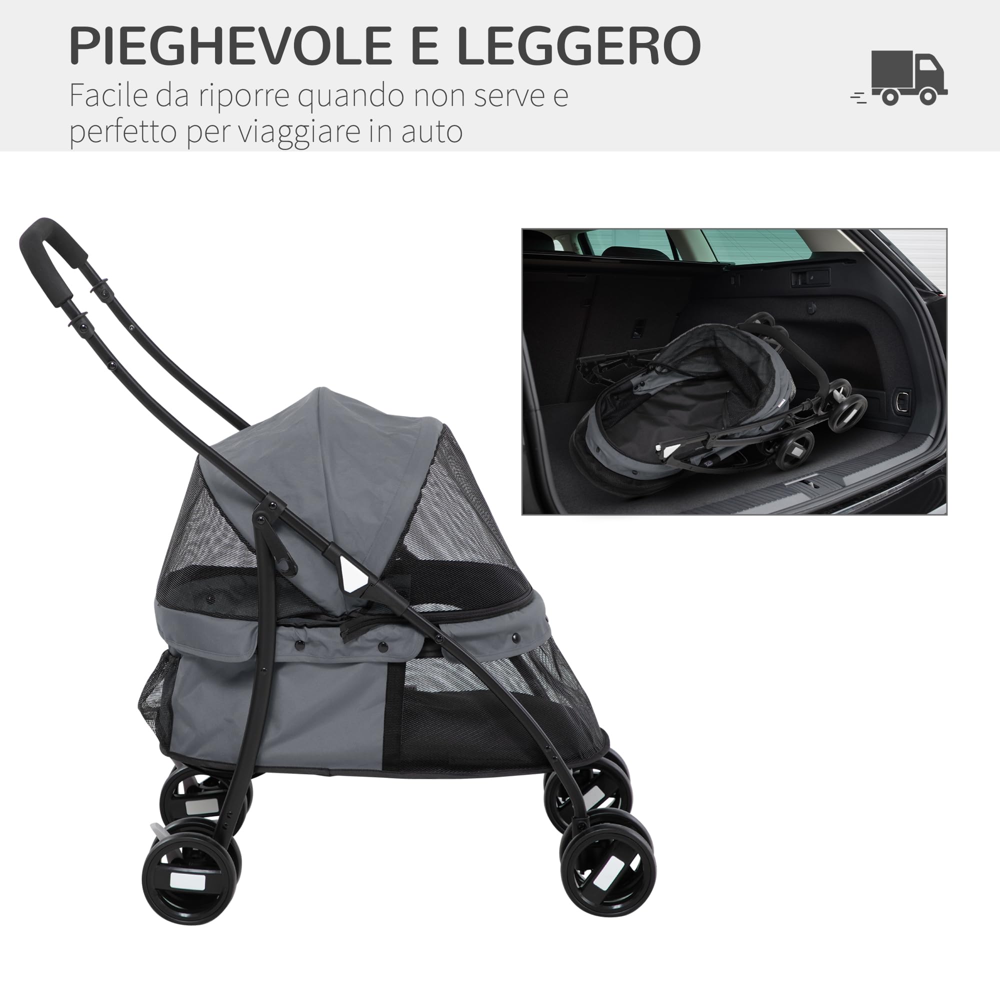 PawHut Passeggino per Cani Pieghevole con Tettuccio Regolabile, Borsa e 2 Guinzagli, Passeggino per Animali in Tessuto Oxford e Acciaio, 82x47x97 cm, Grigio e Nero