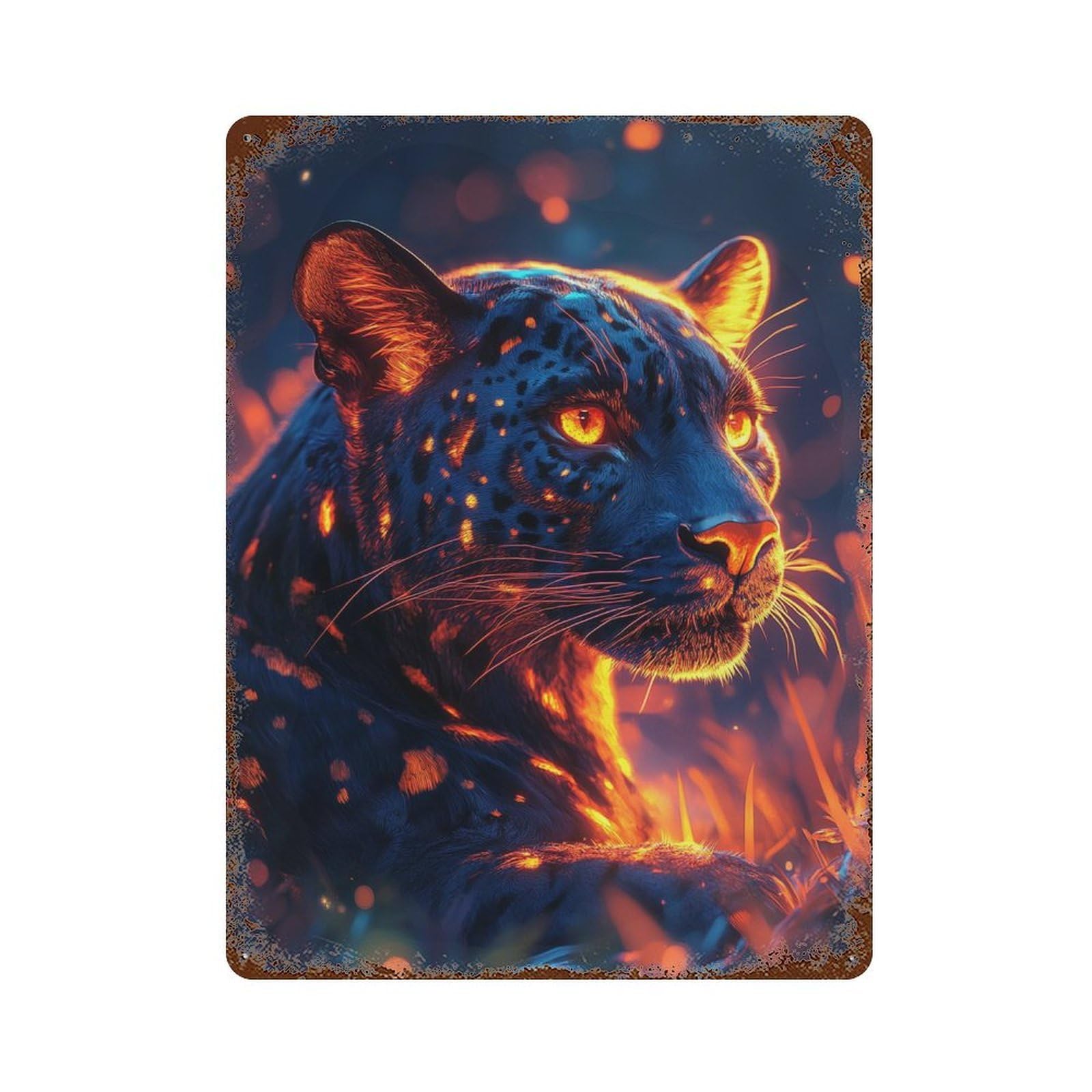 Flame-Covered Leopard in The Wild 15.7"x11.8" Vintage Rust Metal Sign, Decorative Metal Wall Art for Bistro, Counter And Cafe Decor
