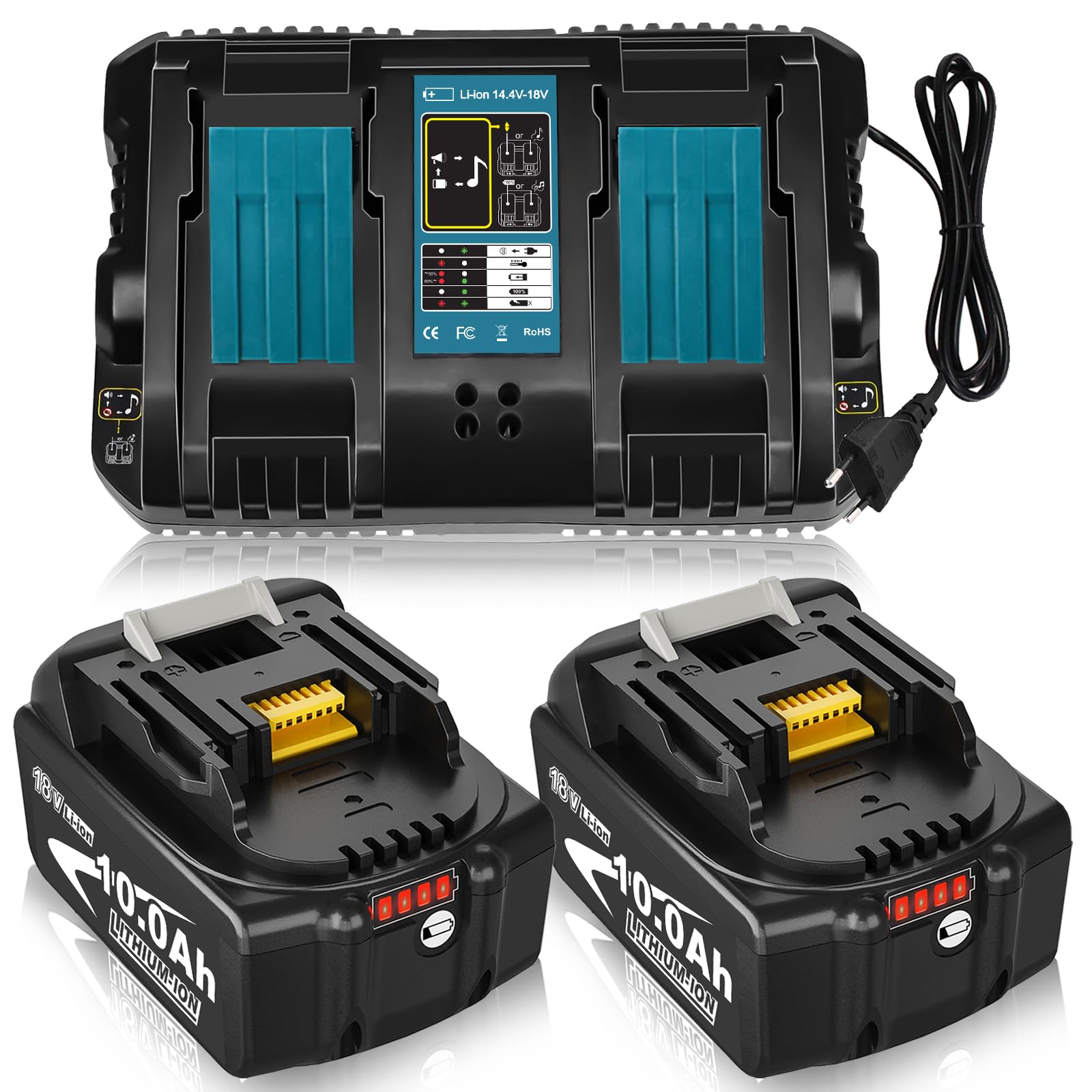 TOPBATT 2Stück 10000 mAh Kompatibel mit Makita Akku 18V BL1850 BL1860 BL1840 BL1830 mit LED Indikator
