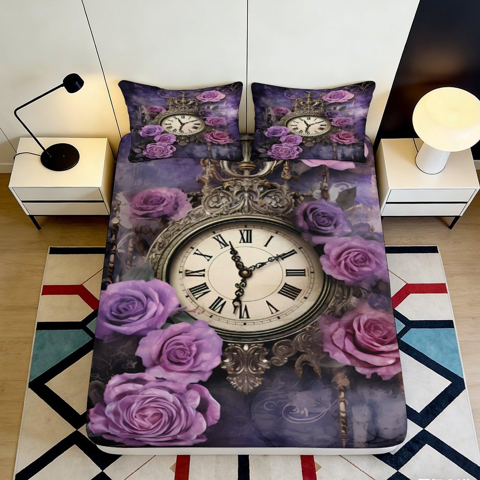 Uynsixtme Style-9 3D Printed Purple Rose Clock Fitted Sheet Microfiber Deep Pocket Non-Slip Purple Rose Clock Mattress Fitted Cover For Bedroom 200X200x25cm