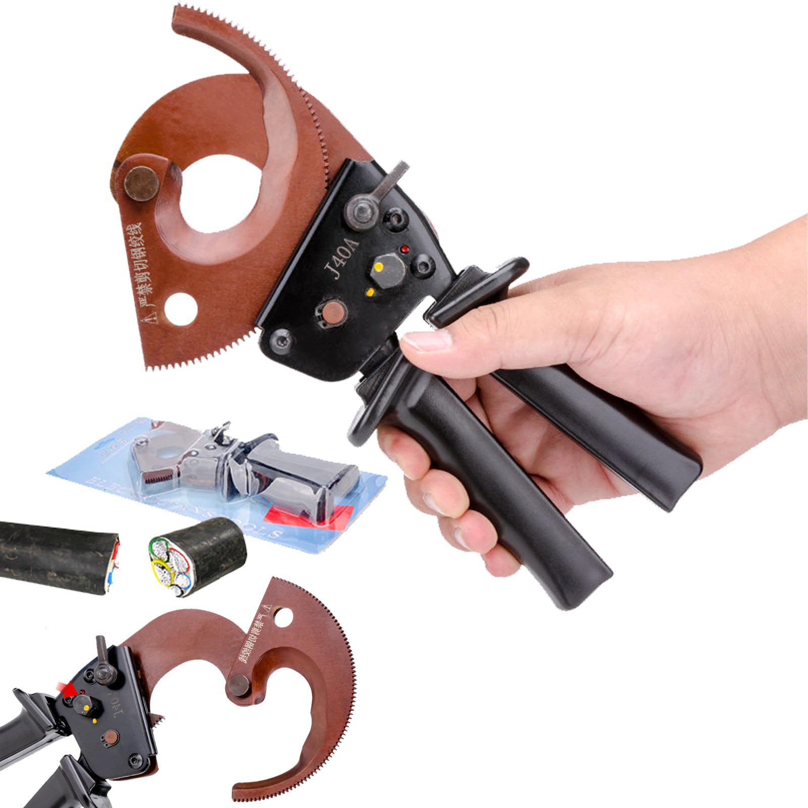 Ratschen-Kabelschneider, Elektronik Seitenschneider, Kupfer-Aluminium Kabelschere – bis 300 mm² / Ø40 mm, Einhandbedienung mit ergonomischem Anti-Rutsch-Griff
