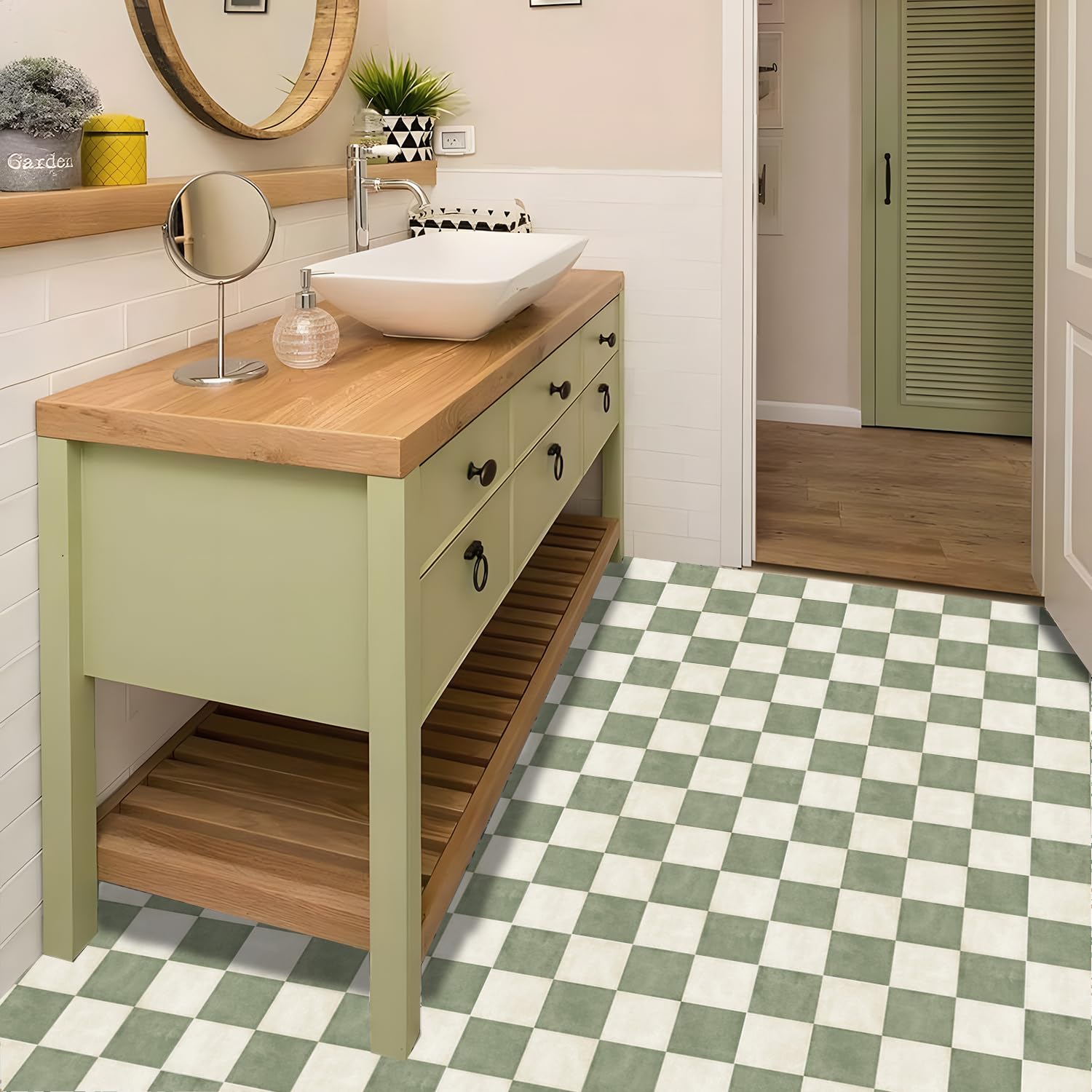 Alwayspon 10 azulejos de piso de 12 x 12 pulgadas x 12 pulgadas, impermeables, antideslizantes, de vinilo, para baño, cocina, dormitorio, decoración de suelo apta para inquilinos, tablero de ajedrez