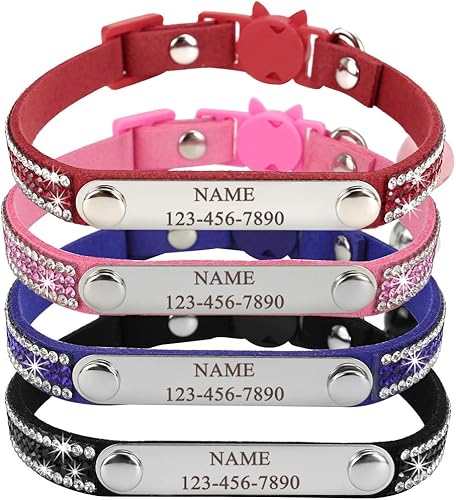 Mogoko Collar de diamante personalizado para gato, collar personalizado para mascotas con placa de identificación grabada y campana (rosa)