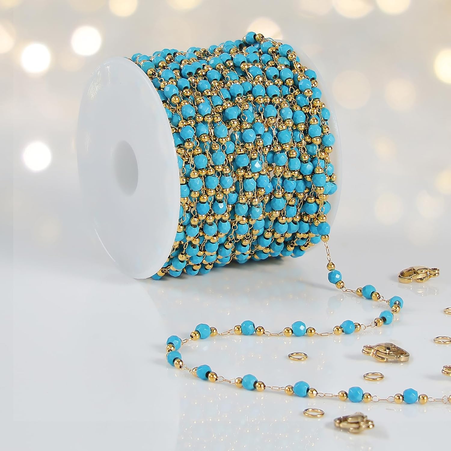 BORUINIE 3mm Turquoise Bead Chain Gold Plated Stainless Steel Chains Bulk