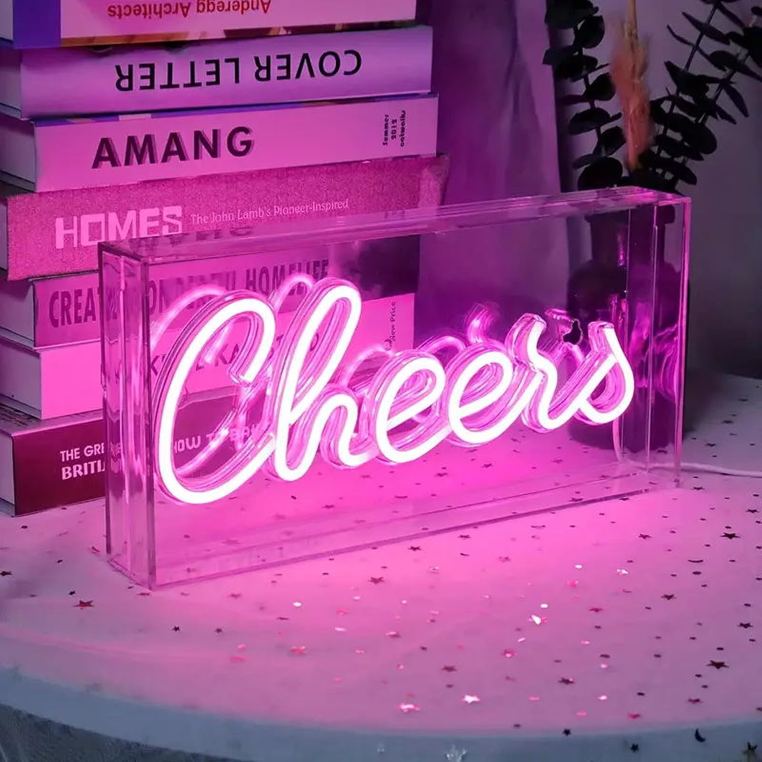 Neonlicht Cheers 3D-Leuchtreklame Cheers auf der Arbeitsplatte, aufstellbar, LED-Leuchtreklame Cheers in Rosa, dekoratives Lichtschild für Hochzeit Beleuchtungszubehör für Barwagen, 30 x 15 x 4,6 cm