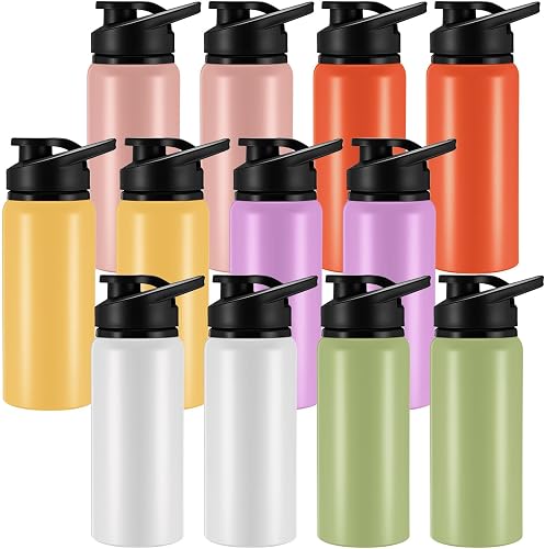 Domensi 12 Pack Aluminum Water Bottle Bulk Reusable Water Bottle, Lightweight Easy Carry Leakproof with Snap Lid Travel Bottles, for Gym Outdoor Sports Cycling Camping Fishing (17oz,Rainbow Colors)
